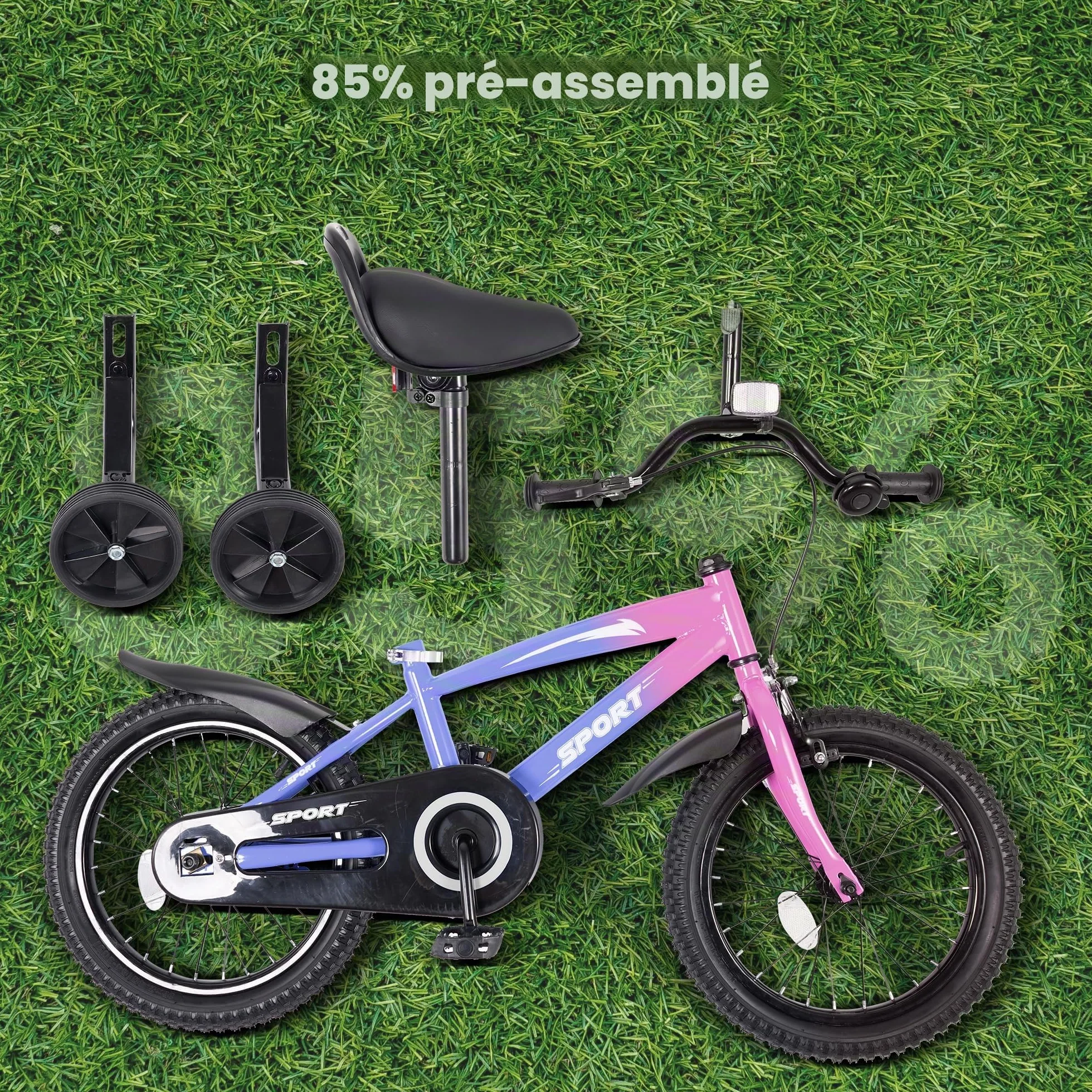 BODIOO Vélo enfant 14 pouces garçon fille roues stabilisatrices cadre stable siège réglable frein arrière frein à main 94-107 cm