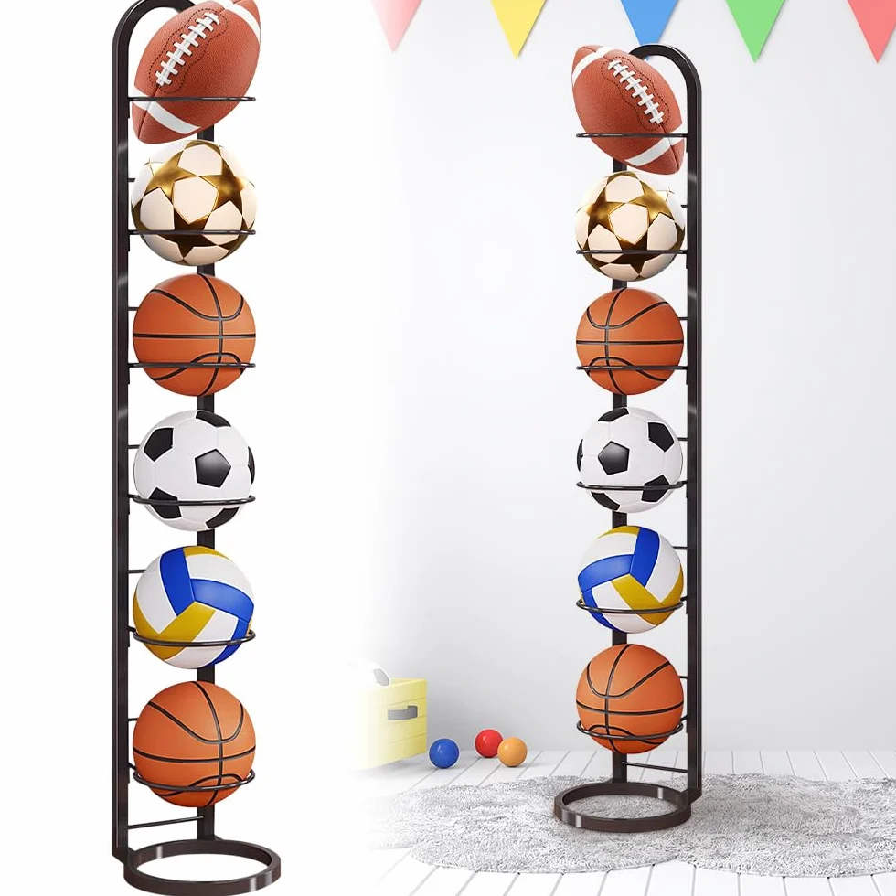 Support Ballon Basket Vertical 6 Niveaux, Range-Ballons Amovible pour Basketball Football