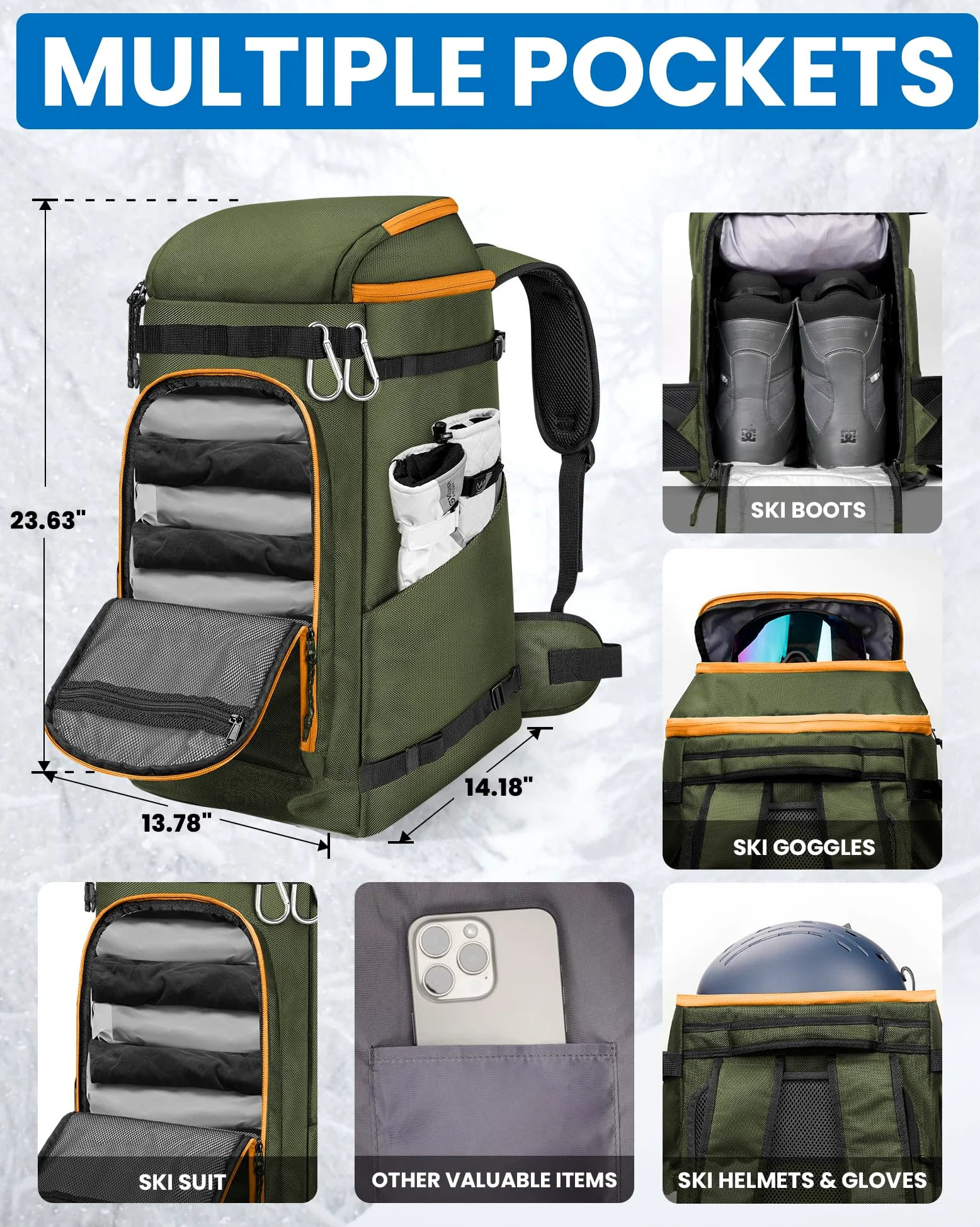 OutdoorMaster Sac à Chaussures de Ski, 65 L - Sac à Dos de Voyage pour Casque, Chaussures de Ski, Lunettes, Gants et Accessoires | Extérieur et Fond imperméables
