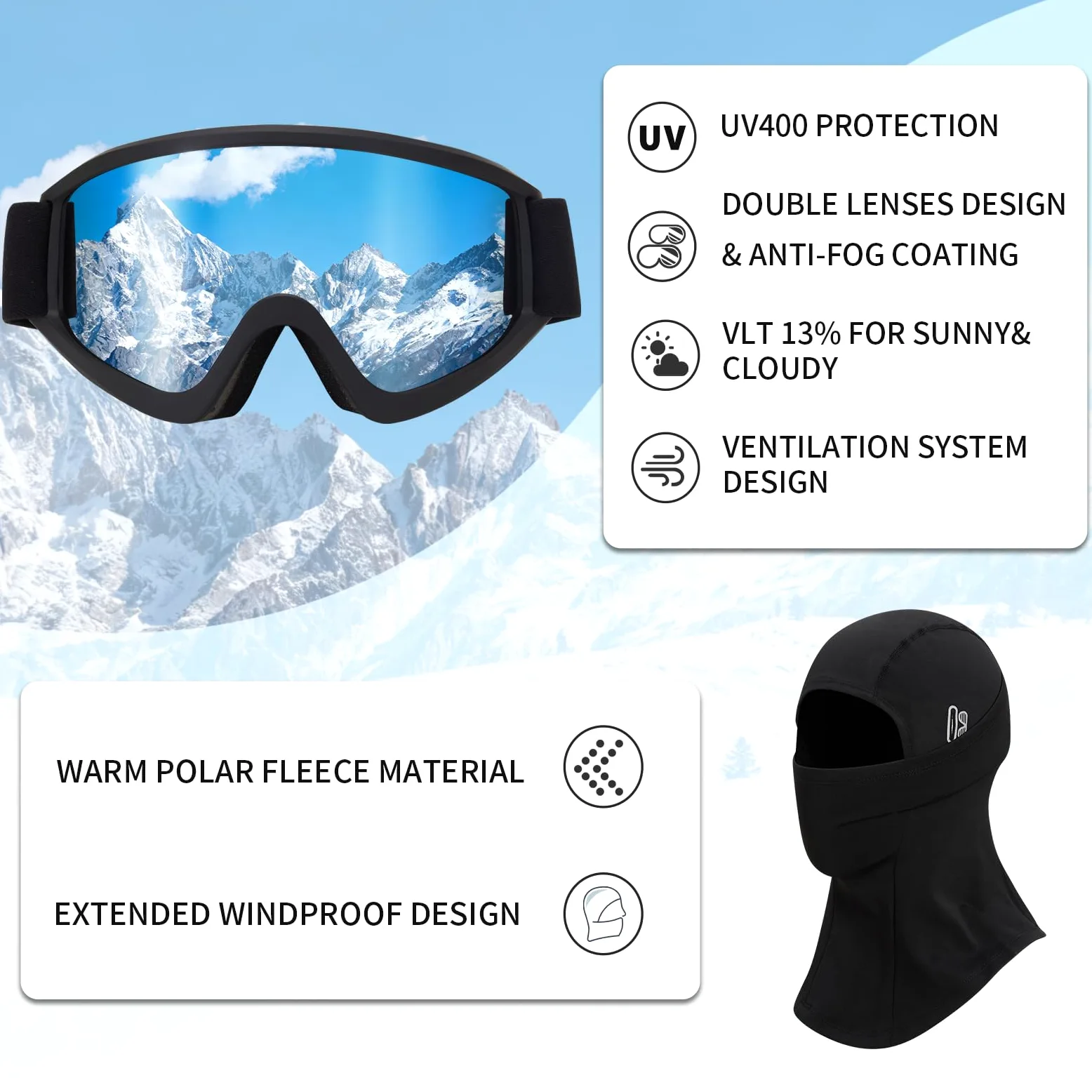 Casque de Ski avec Lunettes de Ski Masque Casque de Snowboard avec Détachable Cache Oreilles pour Hommes Femmes Anti-Vent Anti-UV Casques de Neige
