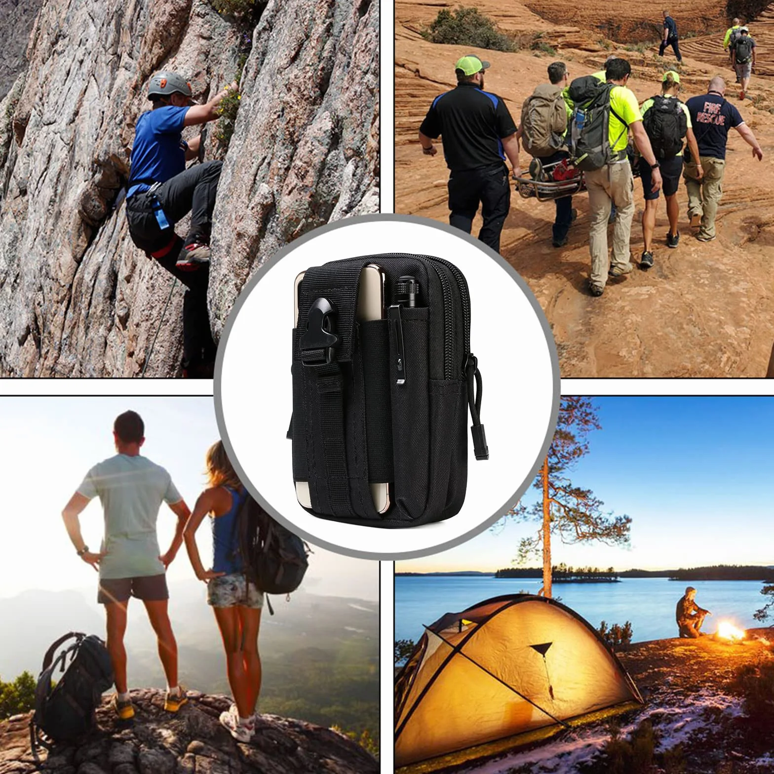 Flintronic Sac Tactique Ceinture Nylon Noir Molle EDC Gadget pour Téléphone Plein Air Randonnée Alpinisme Cyclisme avec Mousqueton
