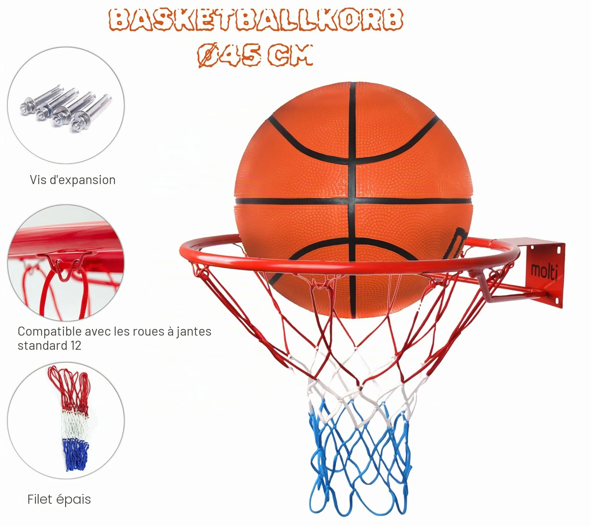 Panier de basket Ø 45 cm/37 cm HangRing avec filet et vis de fixation extérieur