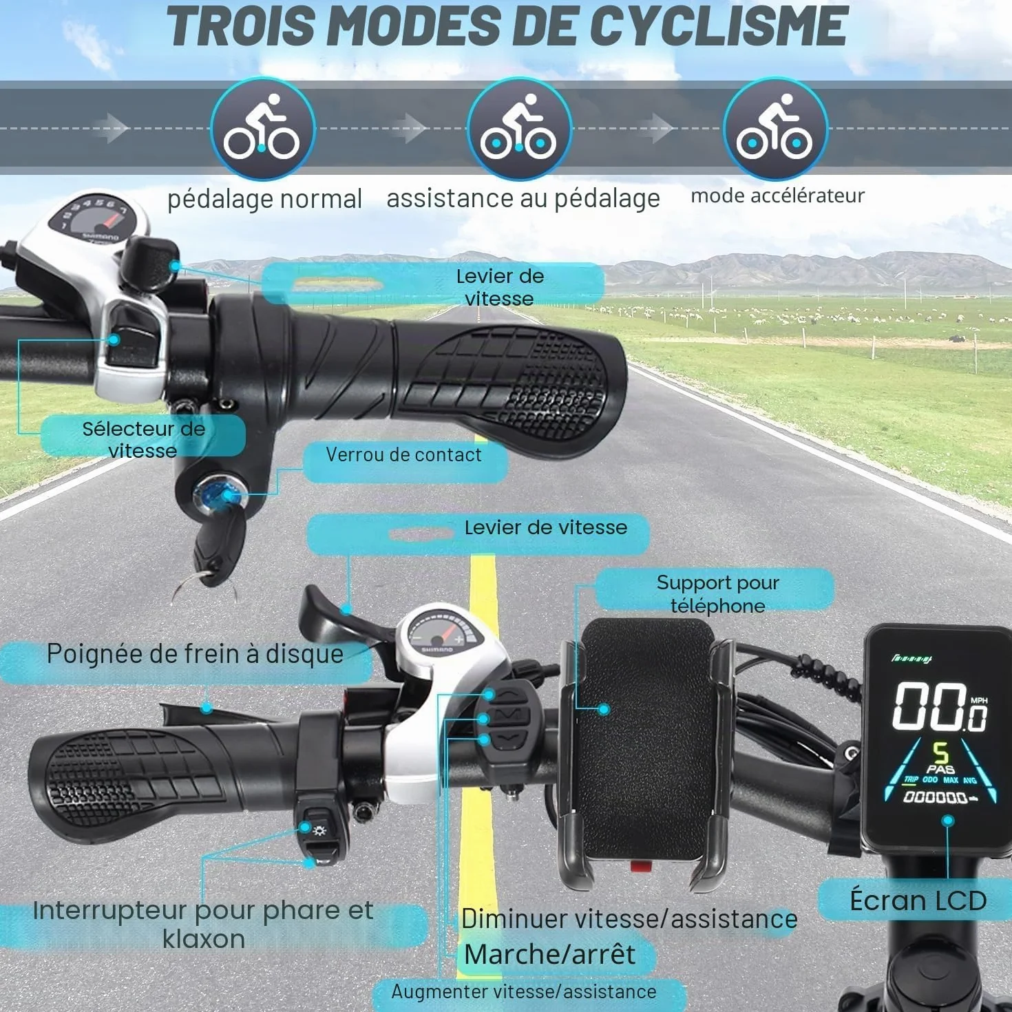 Vélo électrique pour Adultes 26x4 pouces Fat Tire 48V 17.5Ah Batterie Amovible 21 Vitesses Suspension Avant Frein à Disque Hydraulique