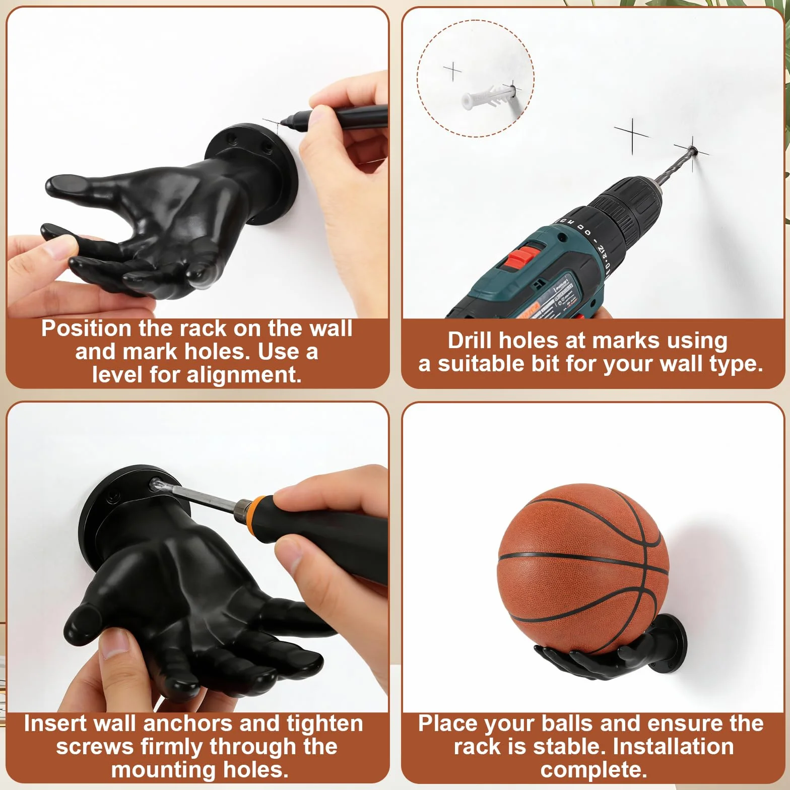 Porte Ballon Mural Noir, Support Ballon Basket Robust & Sicherer Halt, Idée Cadeau Créative pour Fans de Foot Volley Rugby