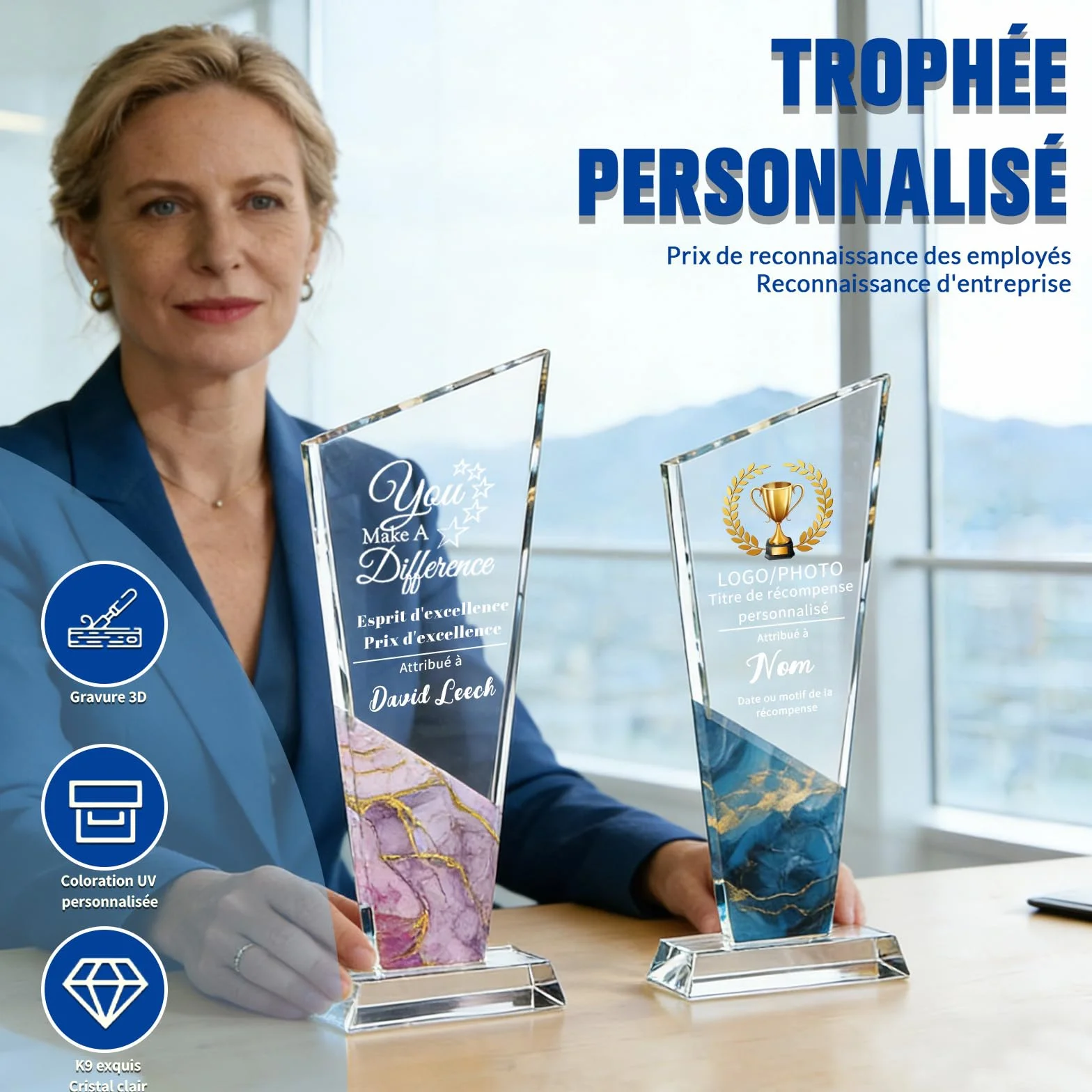 WBW Trophée Personnalisé en Cristal K9 avec Logo Photo et Texte Plaque Gravée Personnalisée 10–20 cm, Récompense en Cristal pour Employé du Mois Anniversaire Retraite Football