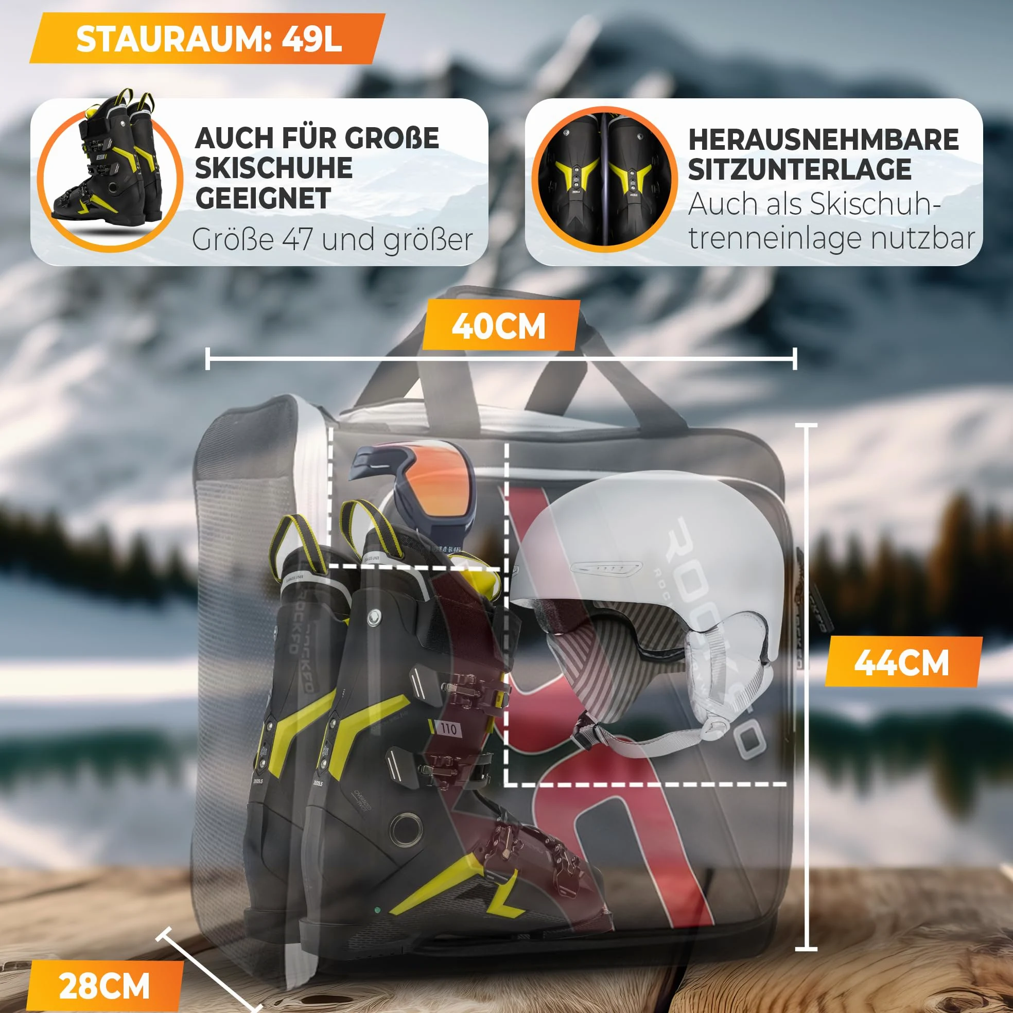 Sac à chaussures de ski avec compartiment pour casque, sac robuste pour chaussures de ski, sac imperméable avec compartiment pour casque, sac à dos pratique 7 zones pour chaussures de ski