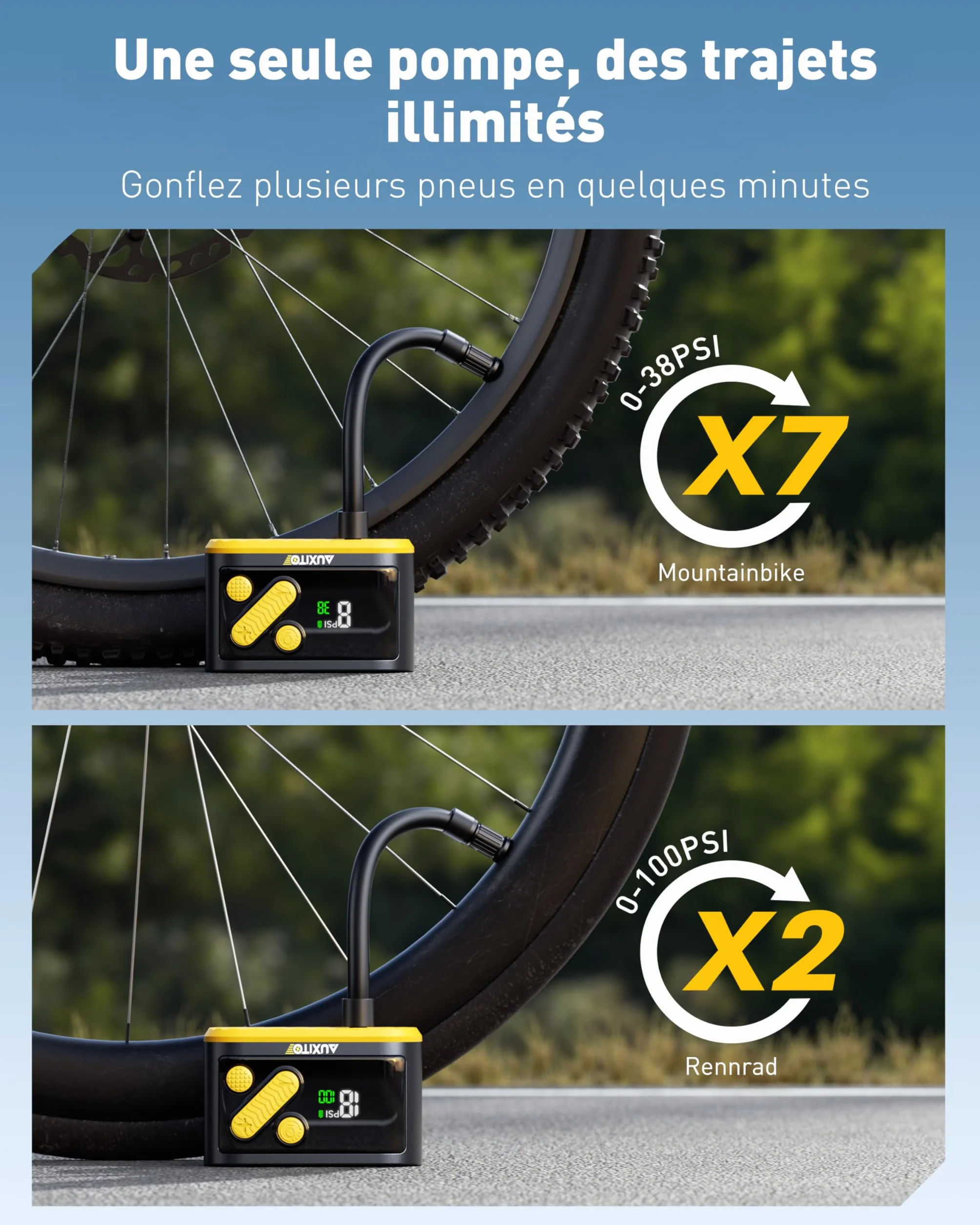 AUXITO Mini Pompe à vélo électrique 120 PSI avec manomètre adaptateurs Presta Schrader arrêt automatique