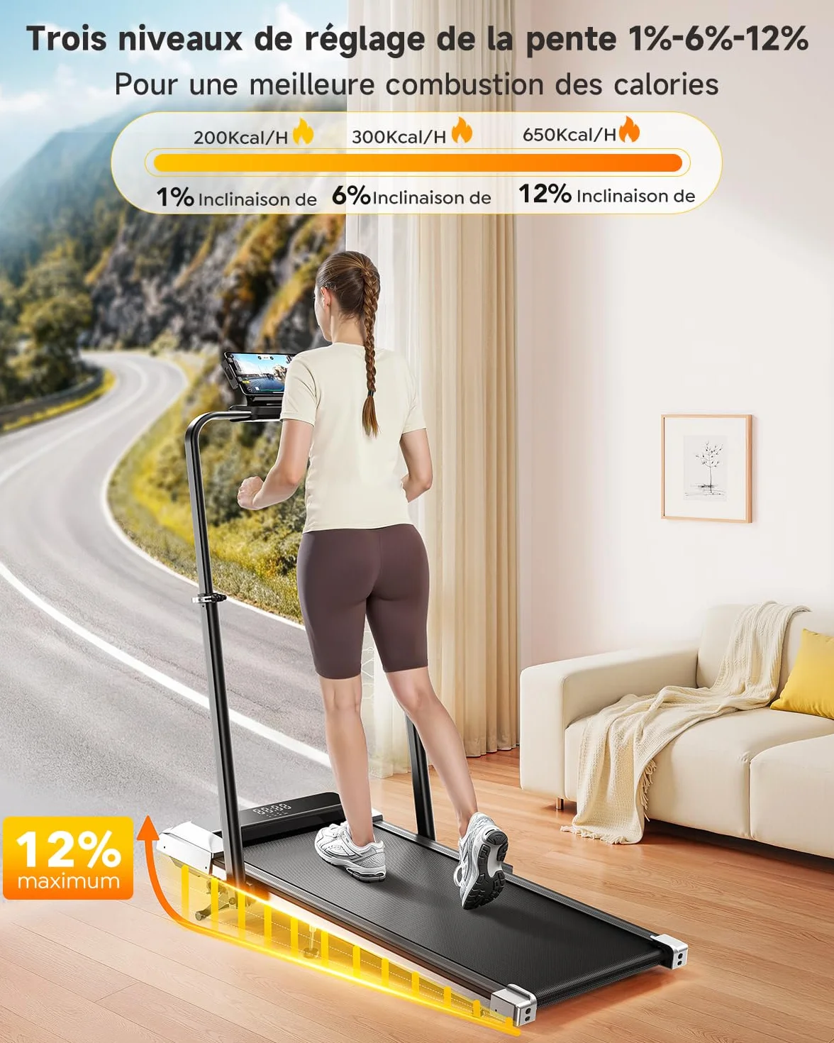 Tapis de Course 6 en 1, Pente 1%-12%, Vitesse 12km/h, 2.5 HP, Colonne Télescopique 115cm