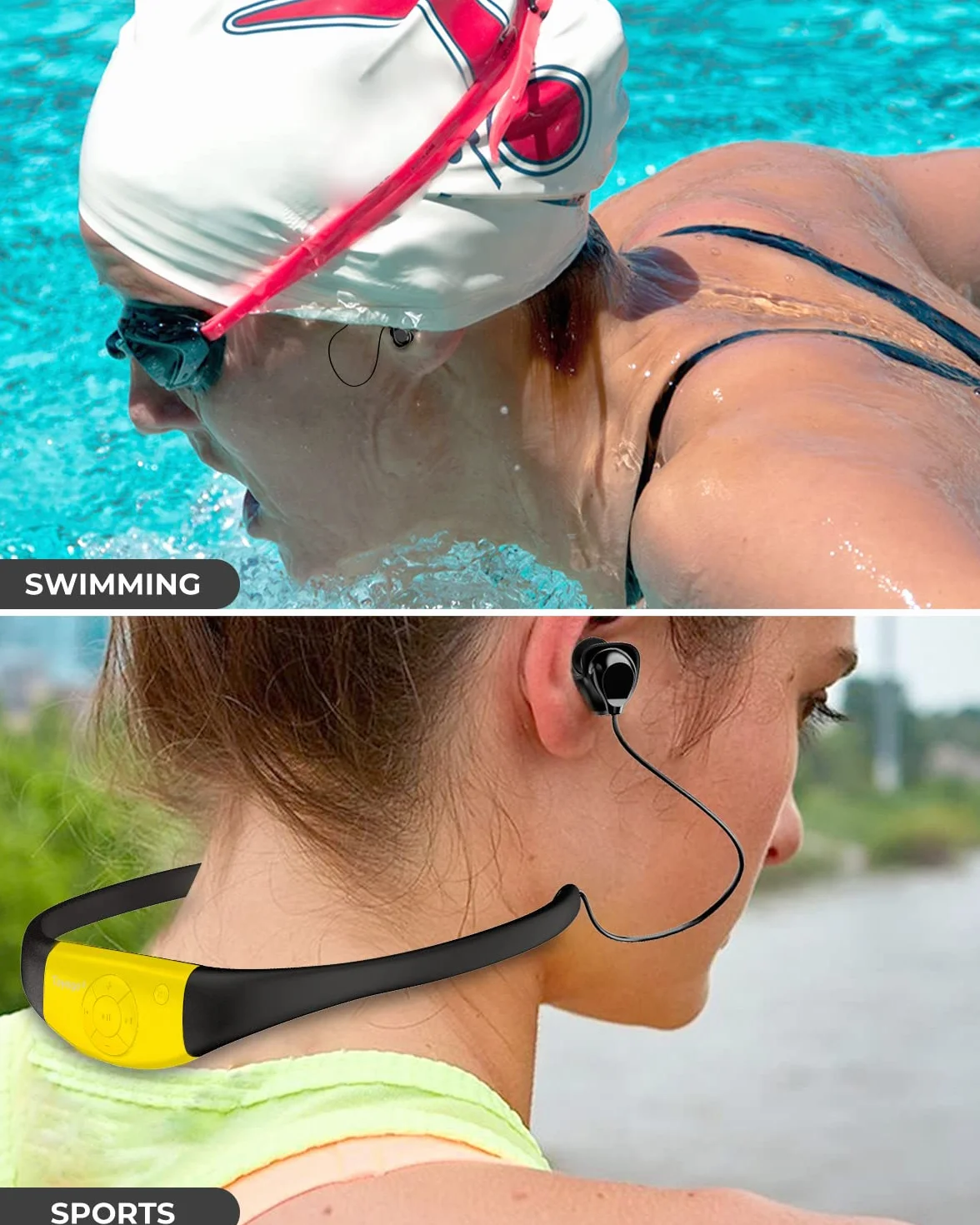 Tayogo Lecteur MP3 de Natation étanche IPX8 8GB, Casque avec revêtement Silicone, Autonomie 20 Heures