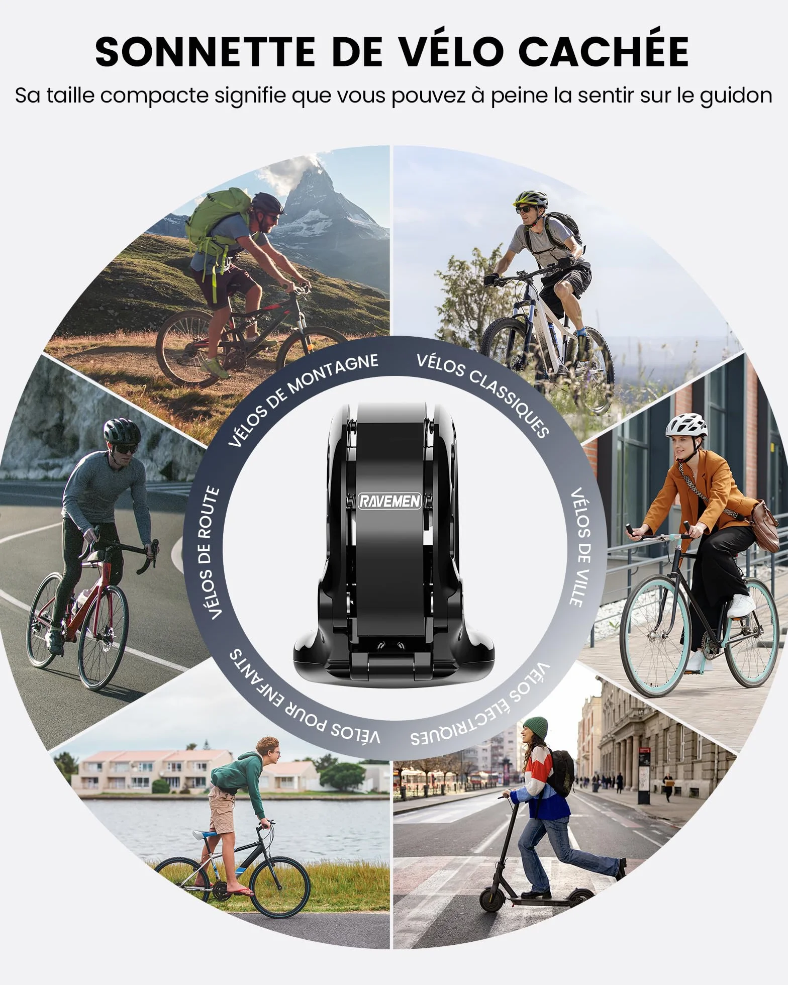 RAVEMEN Q2 Sonnette de Vélo Compatible AirTag 110 DB Antivol Support Guidon 22,2-31,8 mm