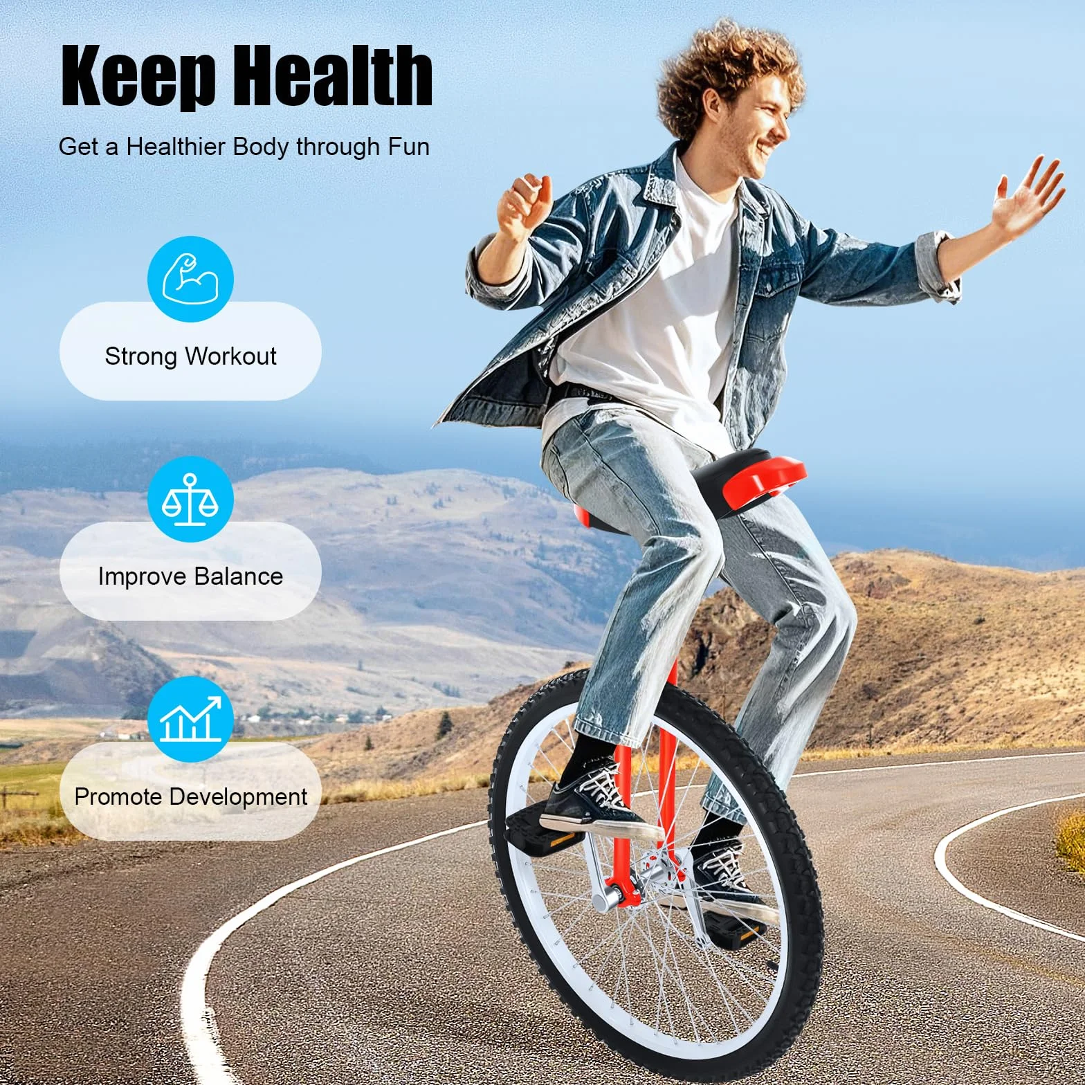 Monocycle 24 pouces réglable en hauteur pour enfants et adultes - Vélo d'entraînement d'équilibre