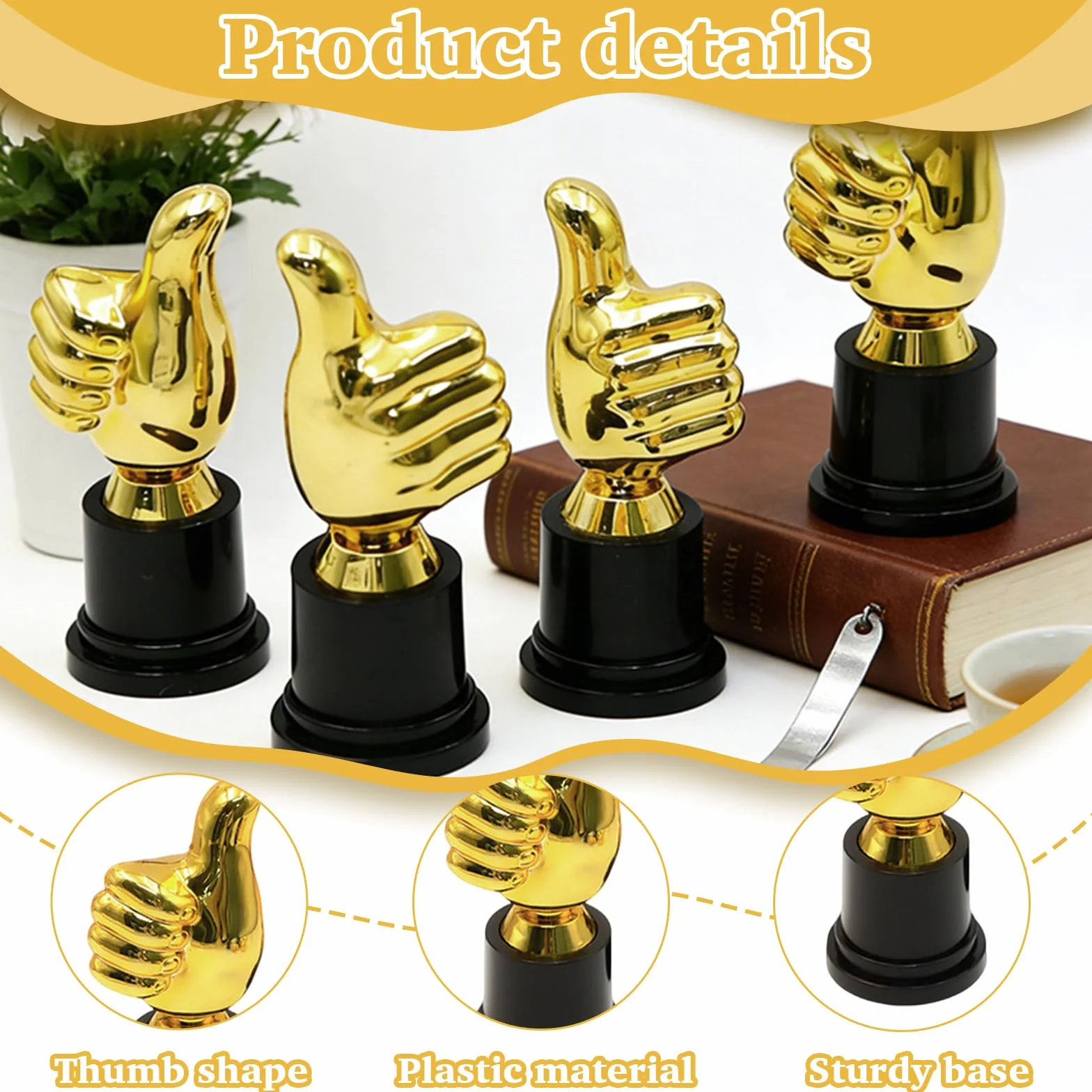 4 Pièces Plastic Gold Trophy Award 13 x 5 cm Trophee Forme du Pouce Classique Mini-Trophée Récompense Enfant Mini Trophies pour Objets Cérémonie Récompenses Objets Commémoratifs (Doré)