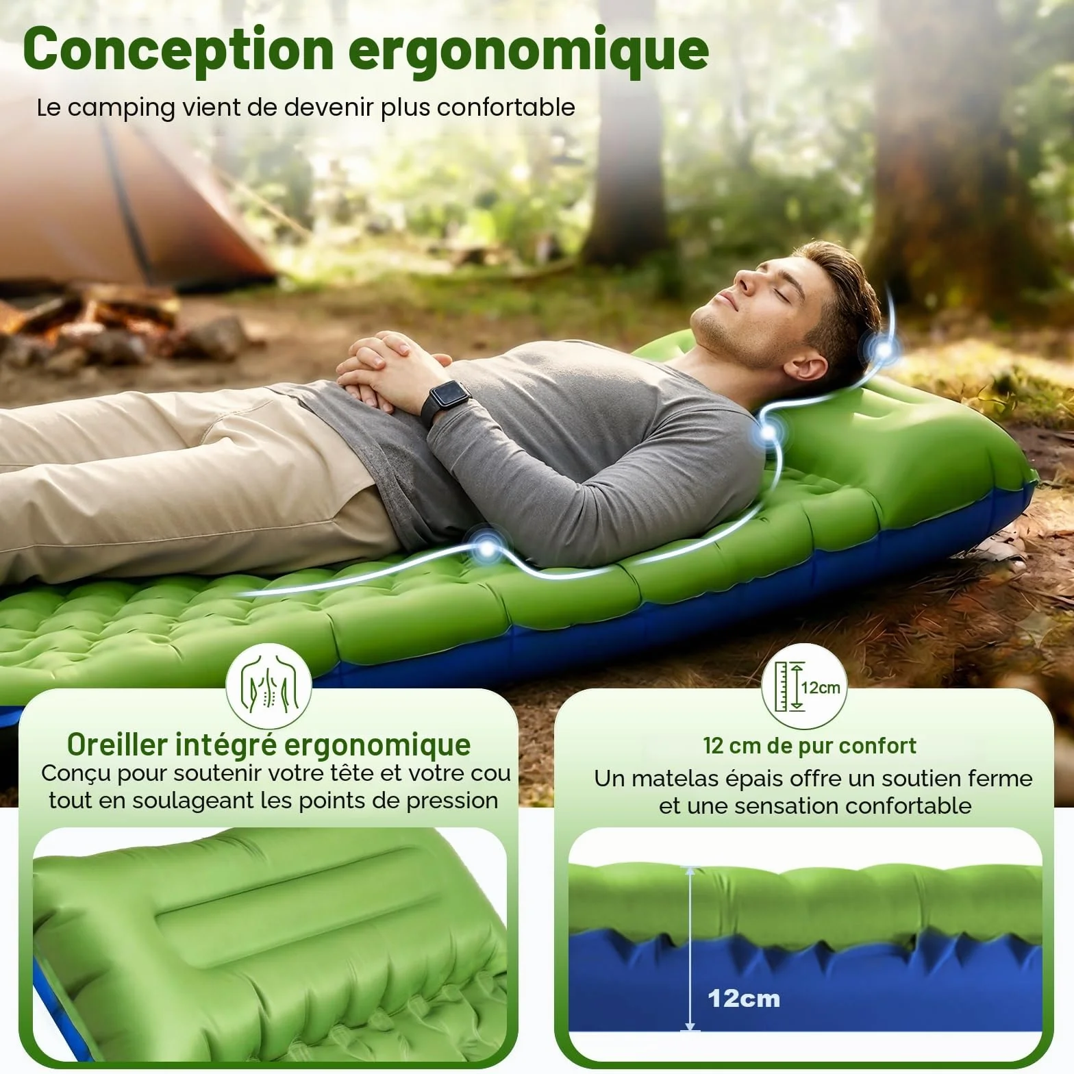JATEKA Matelas Gonflable 1 Place 83cm Ultra Léger avec Oreiller Pompe à Pied Résistant à l'eau Bleu Verdâtre