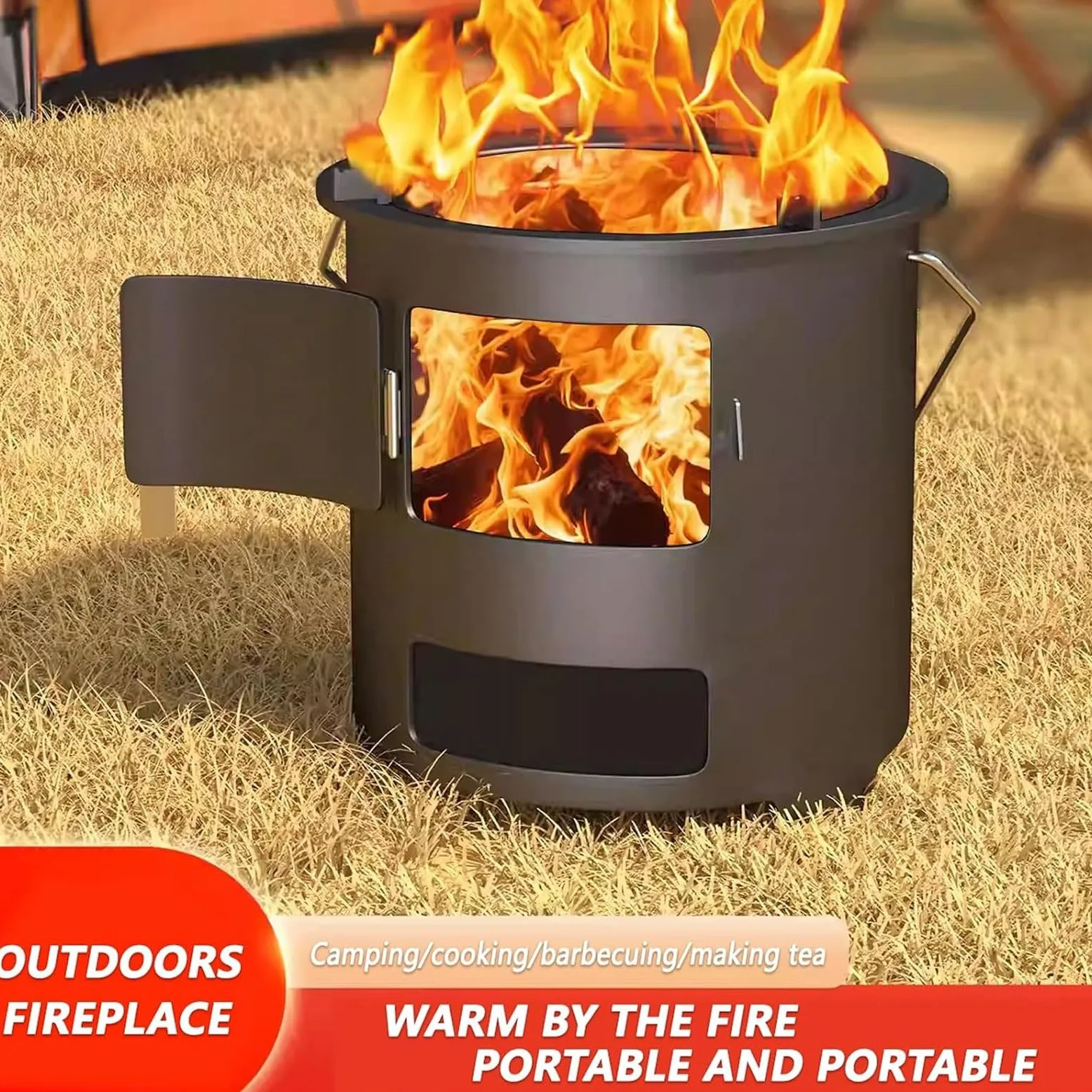 Réchaud De Tente Bois Portable Avec Grille De Cuisson Pour Le Camping | Réchaud À Fusée À Charbon De Bois Porte À Verrouillage, Réchaud De Camping Avec Poignée Multifonctionnel(2PC)