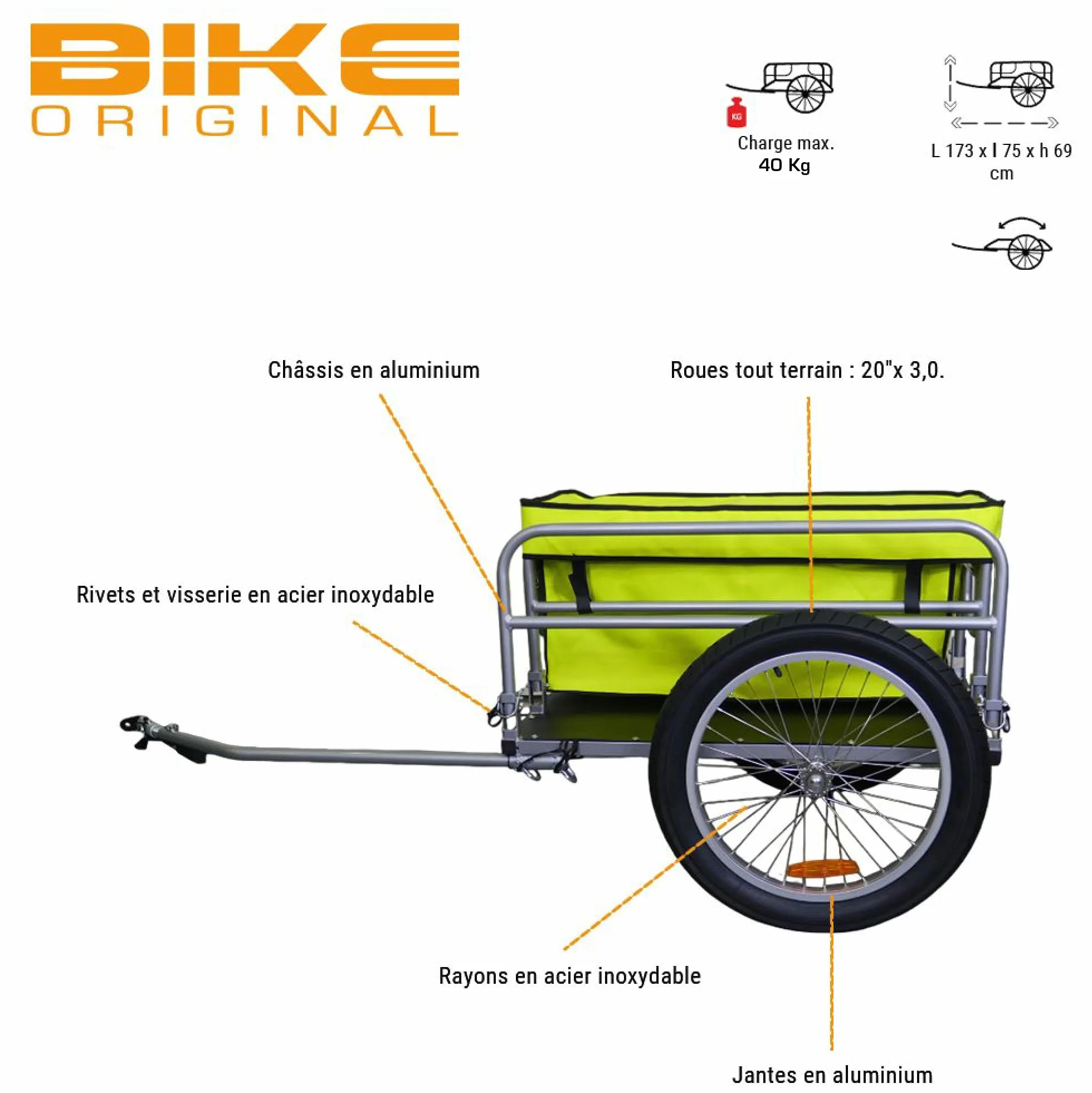 Remorque de Vélo Beach Aluminium Pliable 20" Roues Tout-Terrain Charge Max 60 kg Fixation sur Axe Roue
