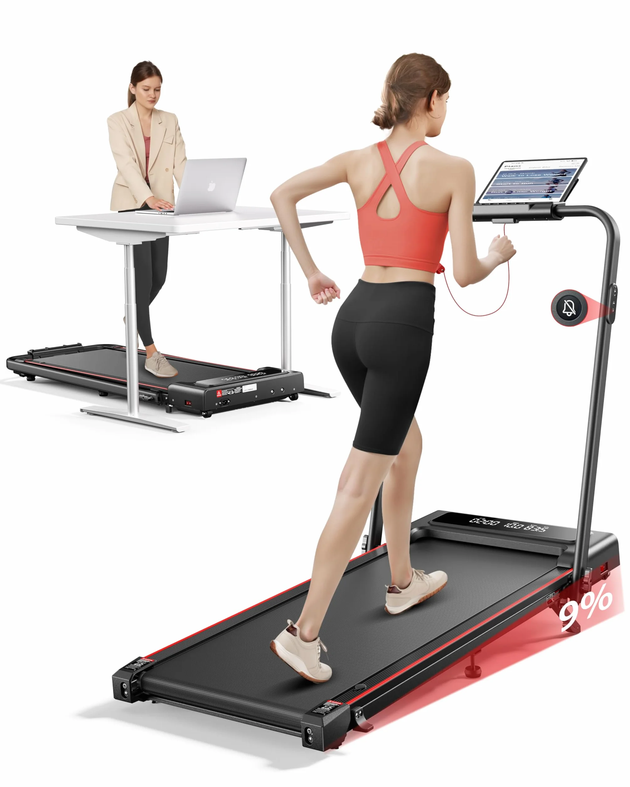 Tapis de Course Pliable 4en1, Inclinable 9%, 12km/h, 2.5 HP, Compact et Portable, Double écran LED