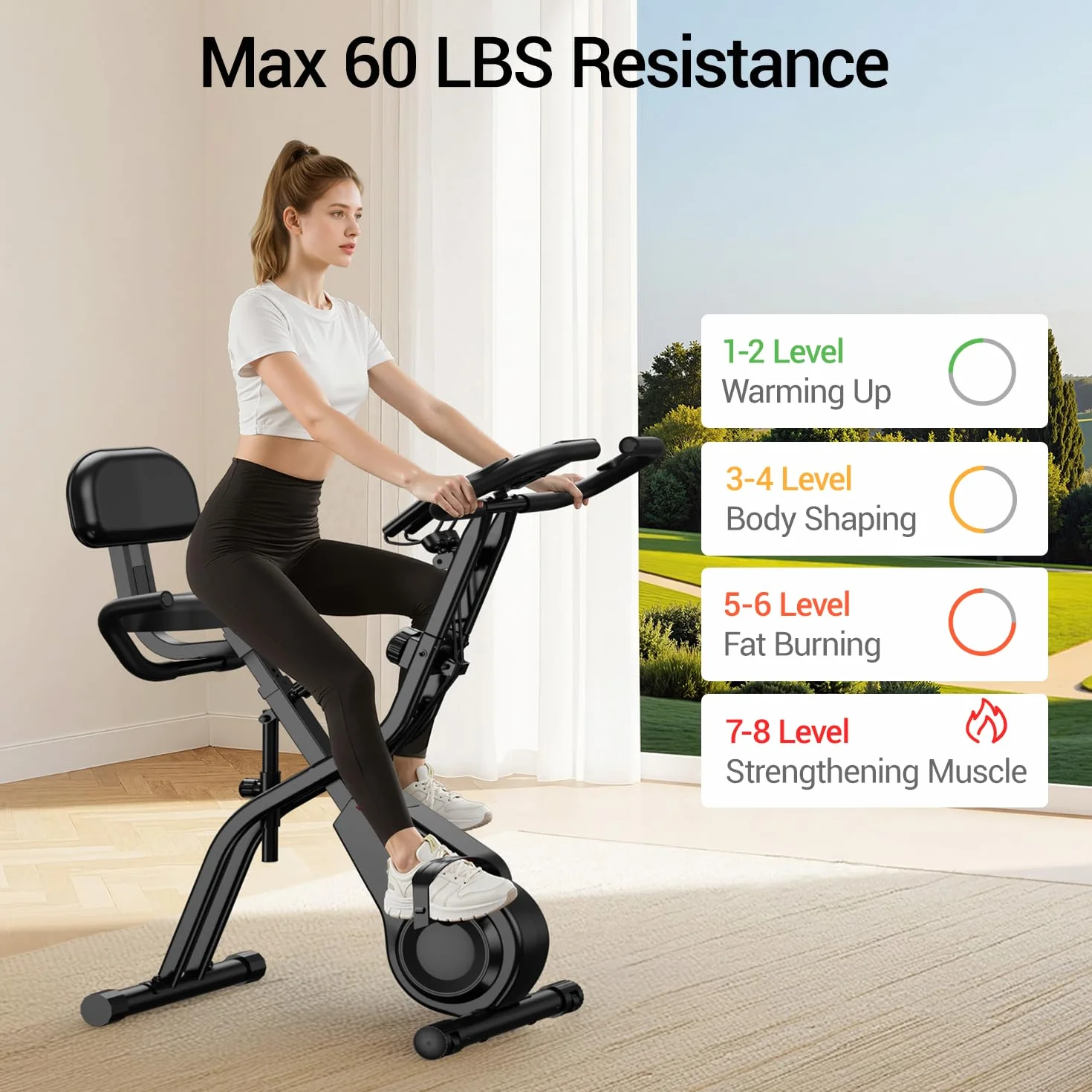 UMAY Velo d'appartement pliable 5-en-1 avec résistance 16 niveaux et surveillance fréquence cardiaque écran LED
