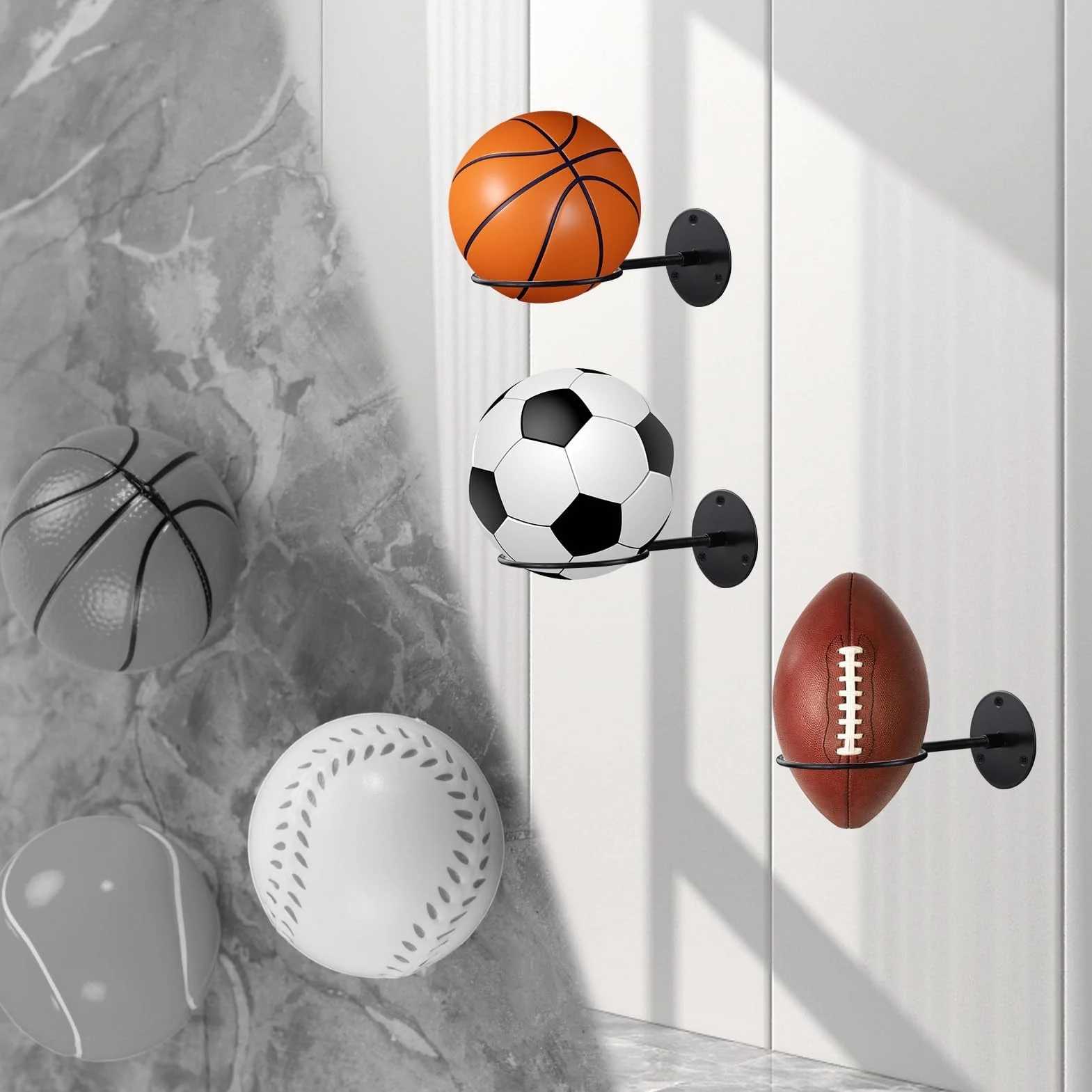 Lot de 2 supports muraux en métal pour basket-ball, football, volleyball (noir)