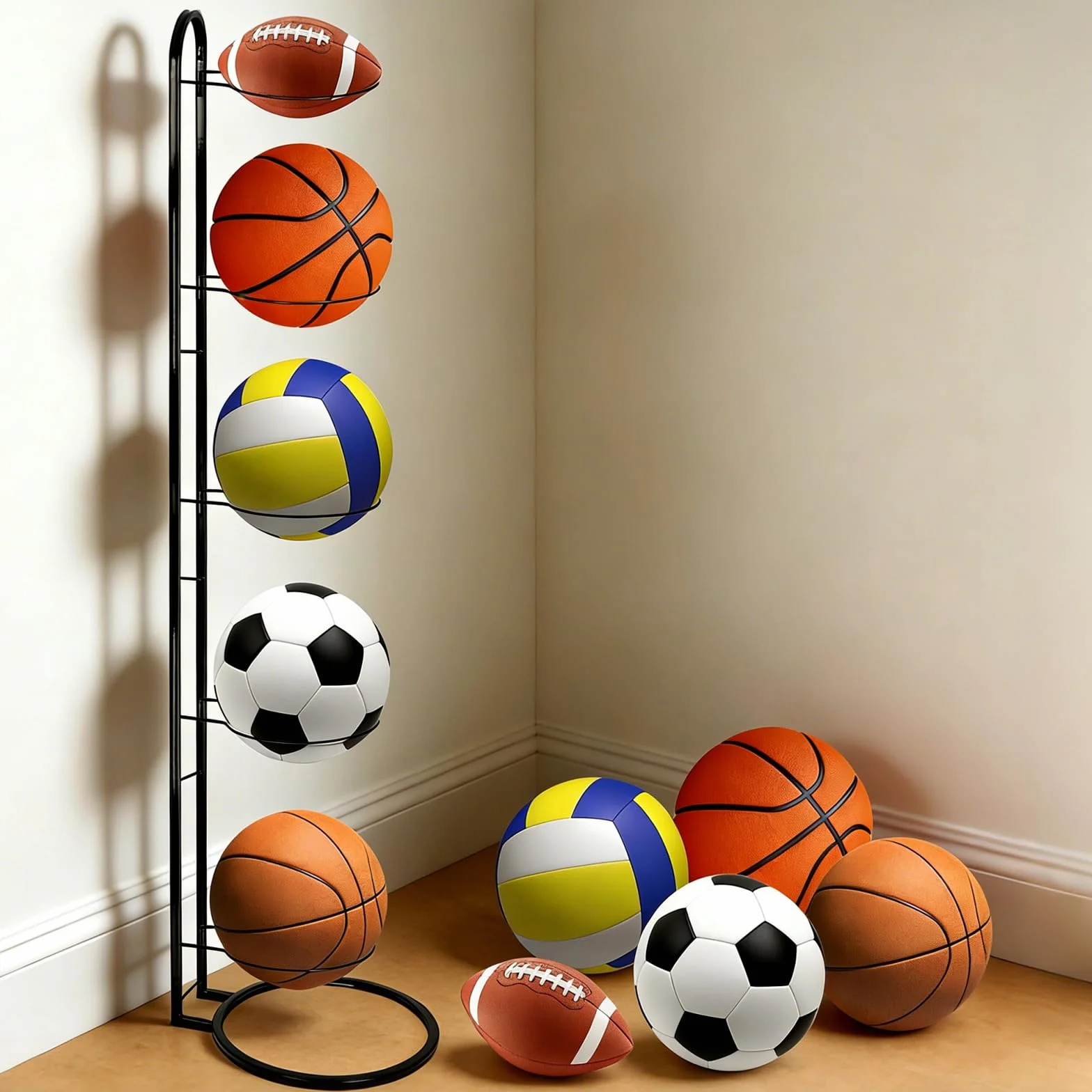 Support de balle en métal noir 5 niveaux, rangement debout pour ballons de football et volley-ball
