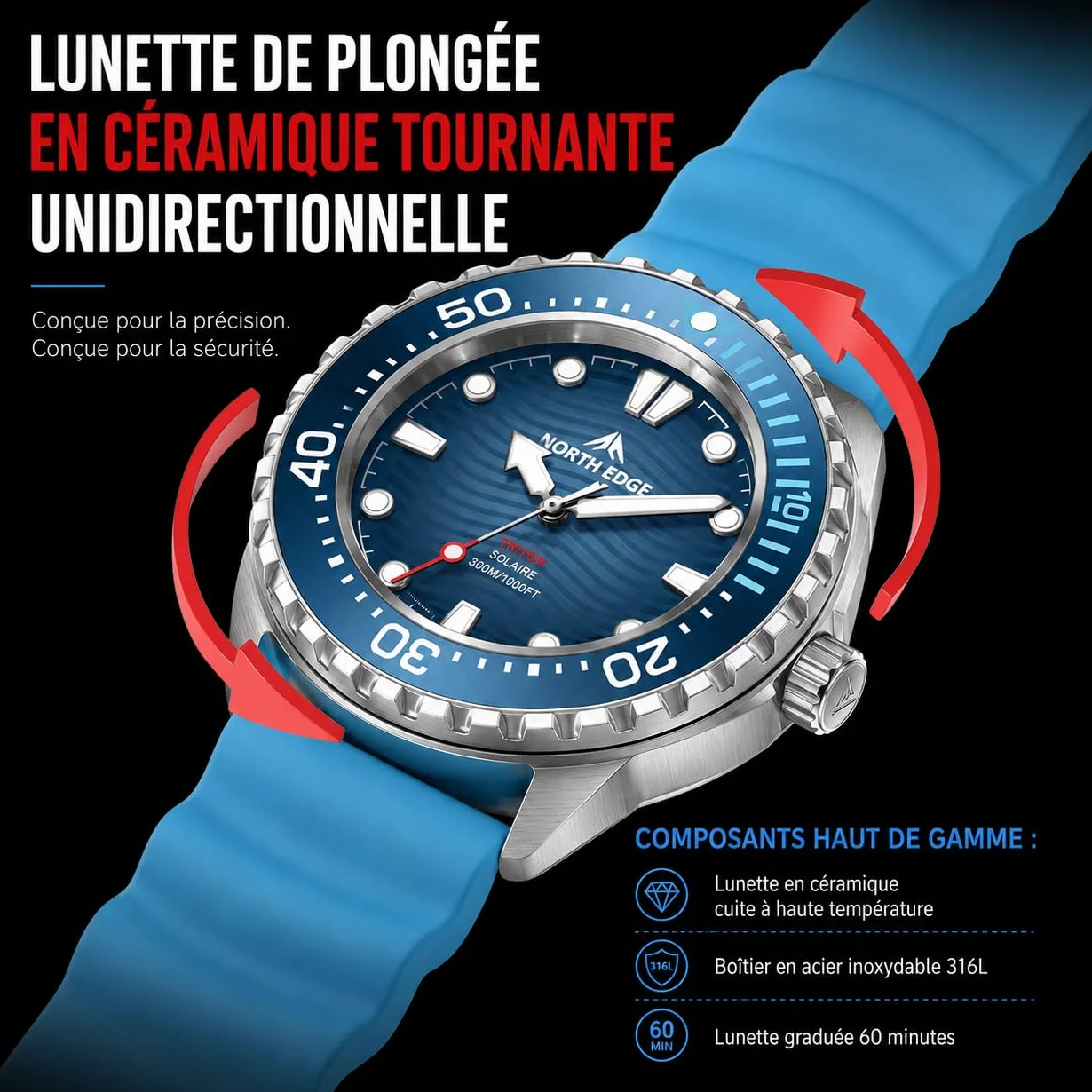 NORTH EDGE Montre de plongée à énergie solaire étanche 300 m cadran lumineux bracelet silicone