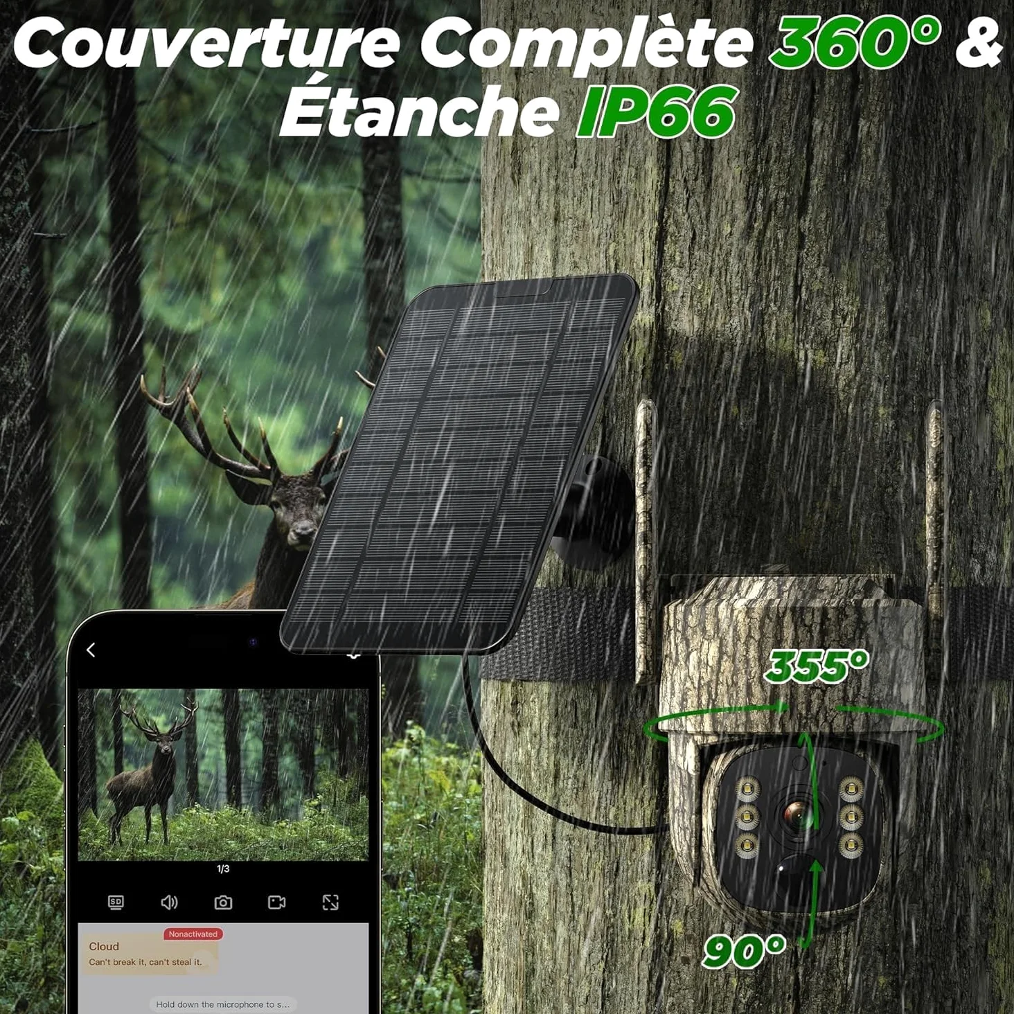 VOOPEAK Caméra de Chasse 4G LTE Solaire connectée, 2.5K, 355°/90°, IP66 | Avec vision nocturne, détecteur de mouvement PIR, vue en direct via l’application et accès à distance pour les passages de gi