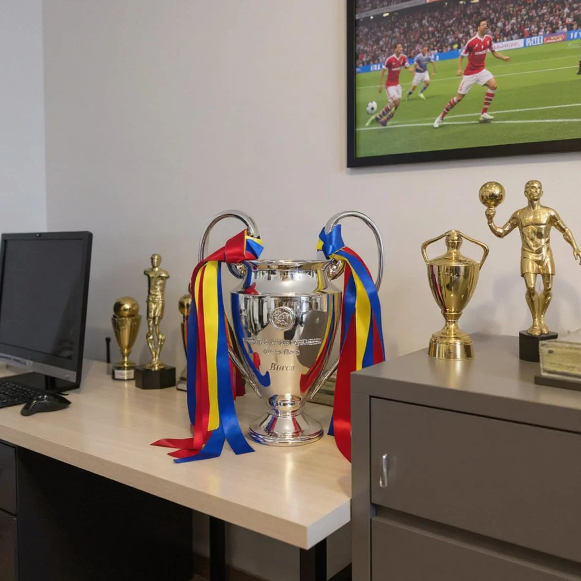 Réplique Trophée de la Ligue des Champions,Trophées des Champion d'europe De Football avec 3 éVentails De Rubans De Couleur Décorations pour La Maison Collection Ornements D'affichage,32cm