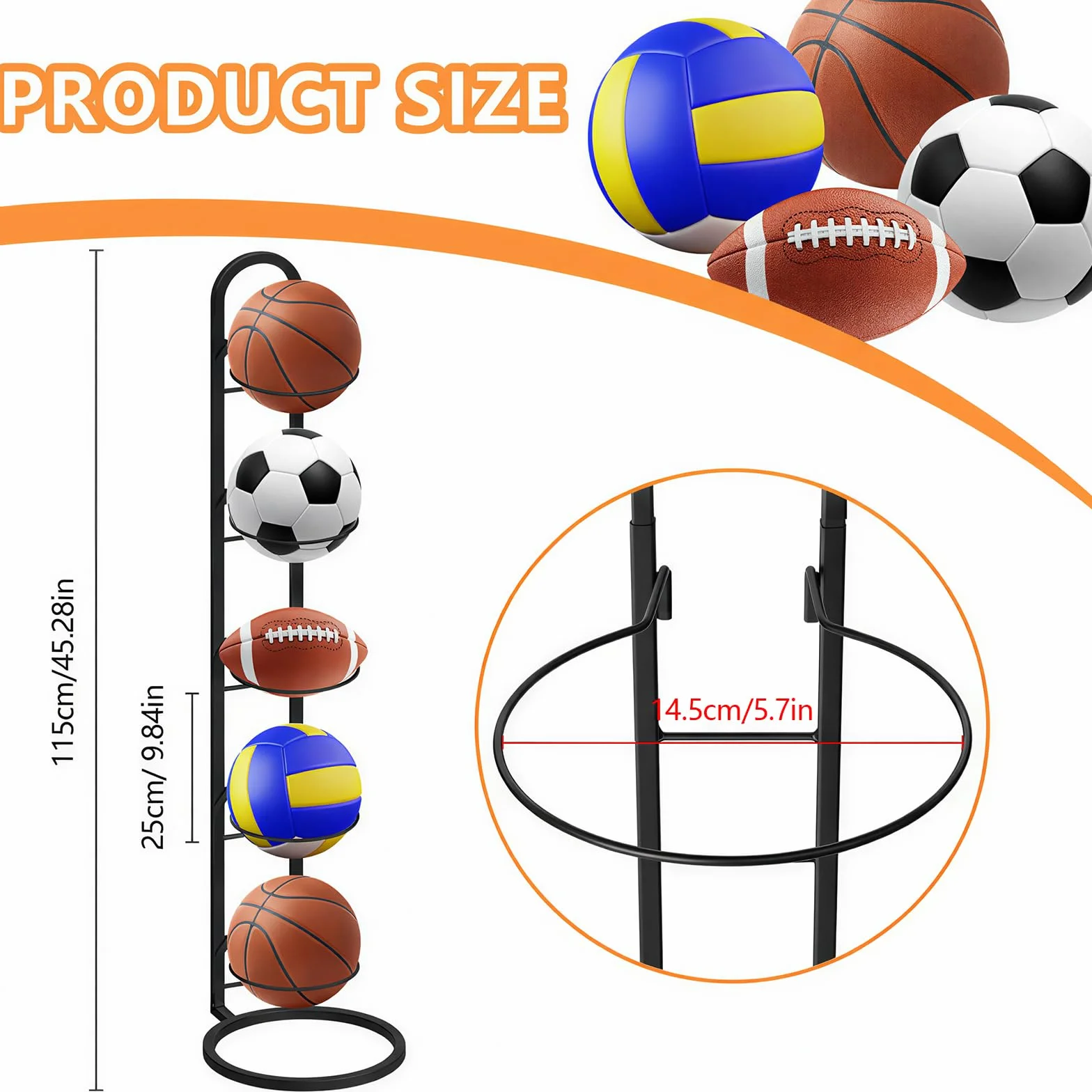 Support de balle en métal noir 5 niveaux, rangement debout pour ballons de football et volley-ball