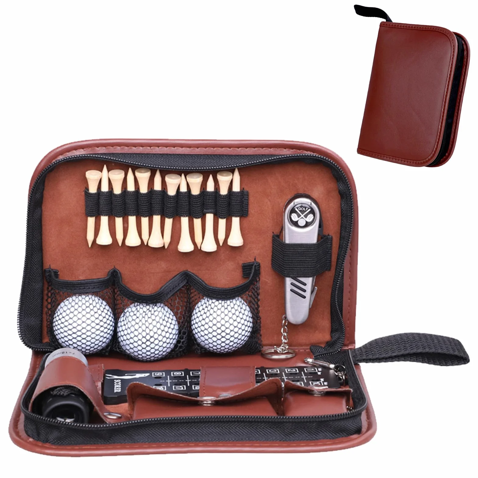 Kit Accessoires de Golf Homme Femme, Sac Multifonctionnel 7 en 1 avec Trousse PU, Cadeau pour Golfeur Complet Brosse Nettoyage, Rampasse-Ball, Fourchette de Green
