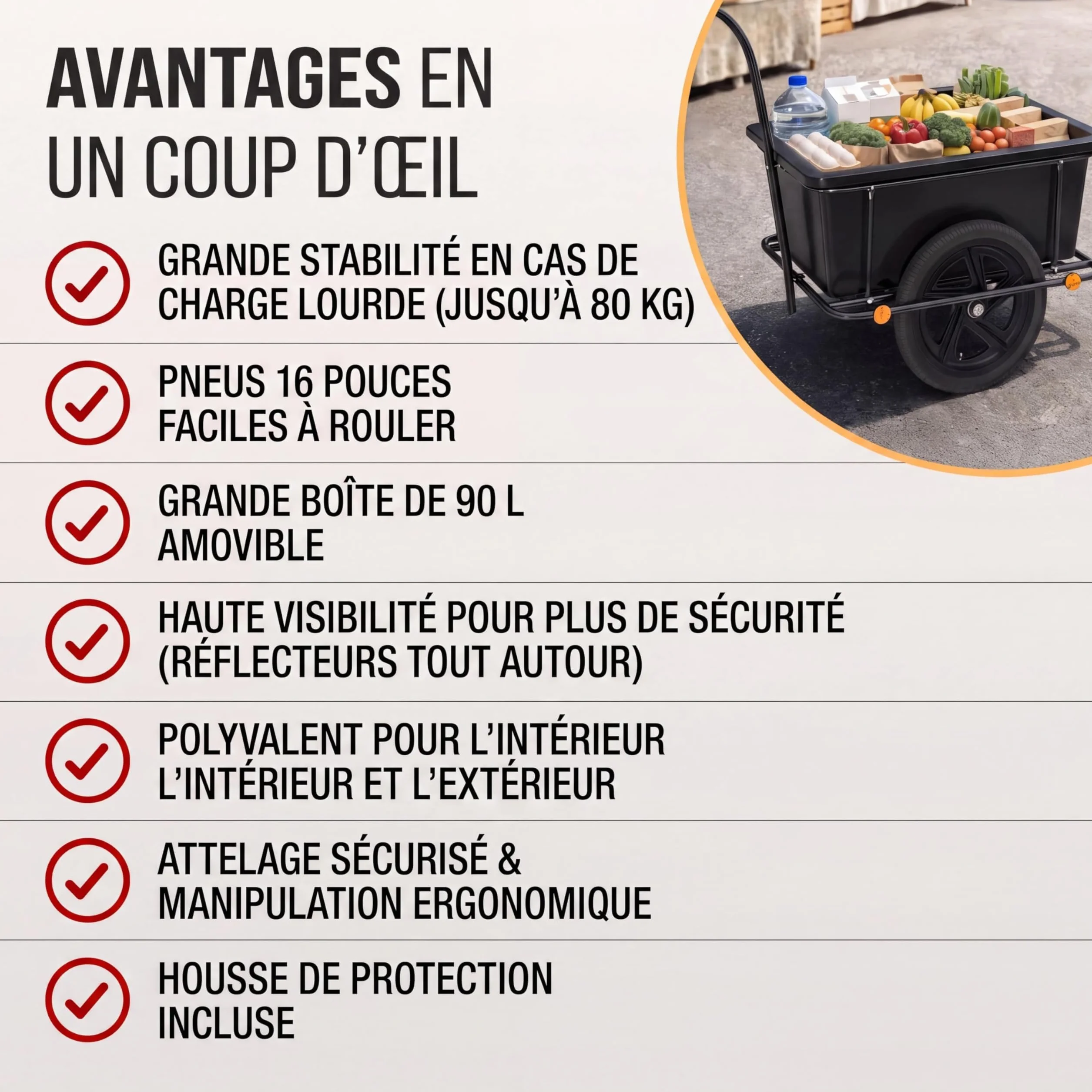 MONZANA Remorque Vélo Cuve 90L Amovible Bâche Barre Attelage Rotatif Réflecteurs Transport Chariot 80kg
