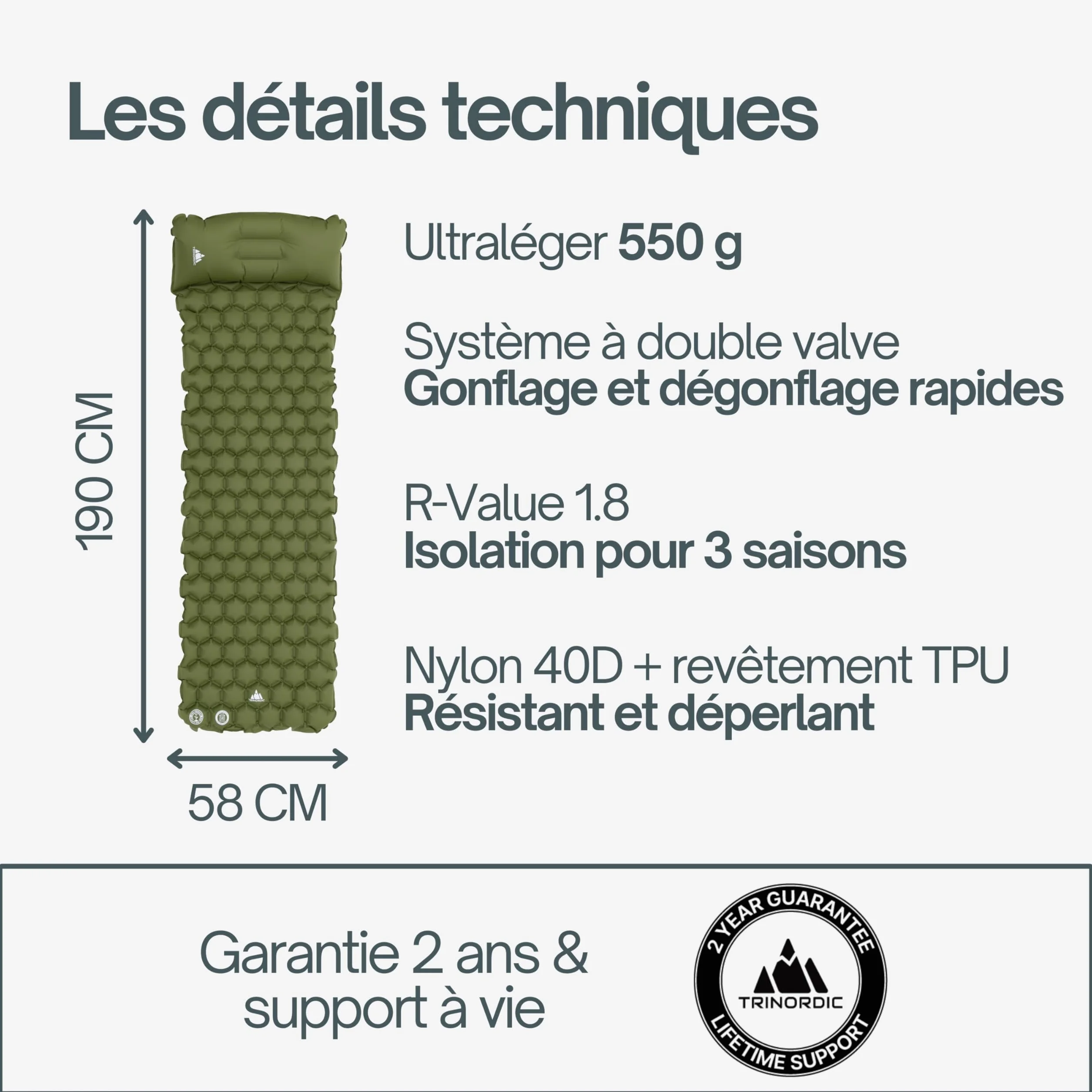 TRINORDIC Tapis de Camping Gonflable Ultraléger avec Oreiller - Matelas Pneumatique Simple pour Confort Optimisé