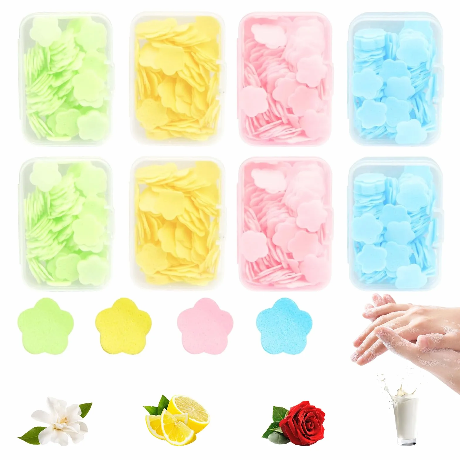 Feuille de Savon Mini Savon Flocons avec Boite, Voyage Forme de Pétale, 8 Boîtes 4 Parfums