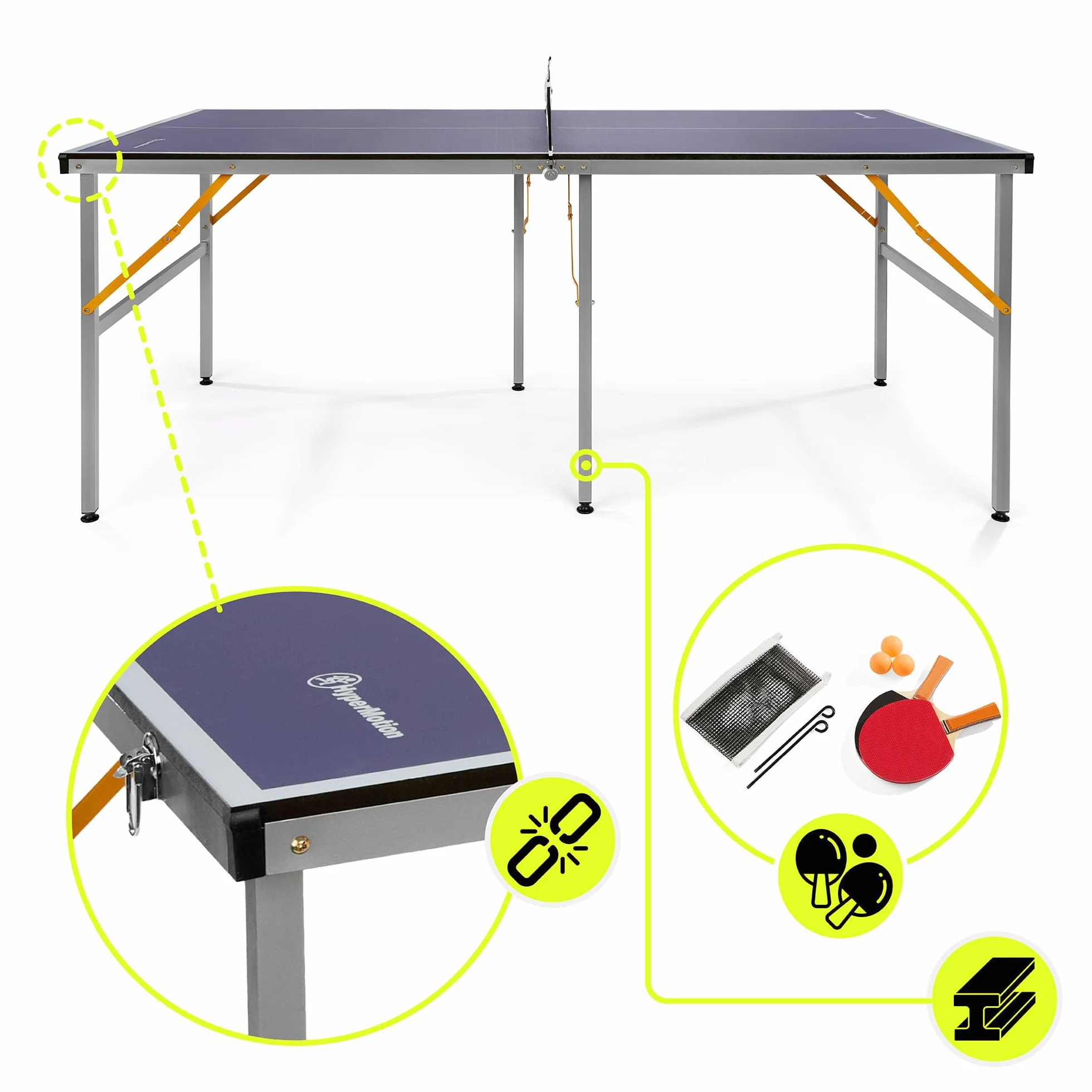 HyperMotion HYP32 Table de Ping Pong Pliante pour Enfants et Adultes, Modèle Compact d’Intérieur avec Filet, Raquettes et Balles, Facile à Transporter