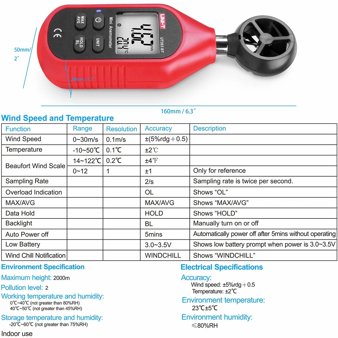 Uni-T Anémomètre Bluetooth Portable Mini Numérique avec Thermomètre Max/Min Écran LCD Rétroéclairé