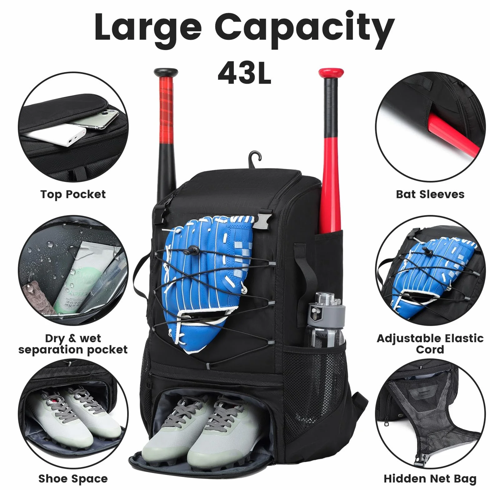 Sac à Dos de Baseball Imperméable avec Compartiment à Chaussures pour Jeunes et Garçons