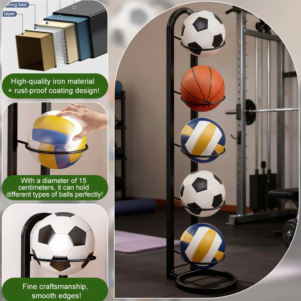 Rangement Ballon 5 Niveaux, Porte Ballon sur Pieds Métal 115.5 × 23.5 cm, Noir