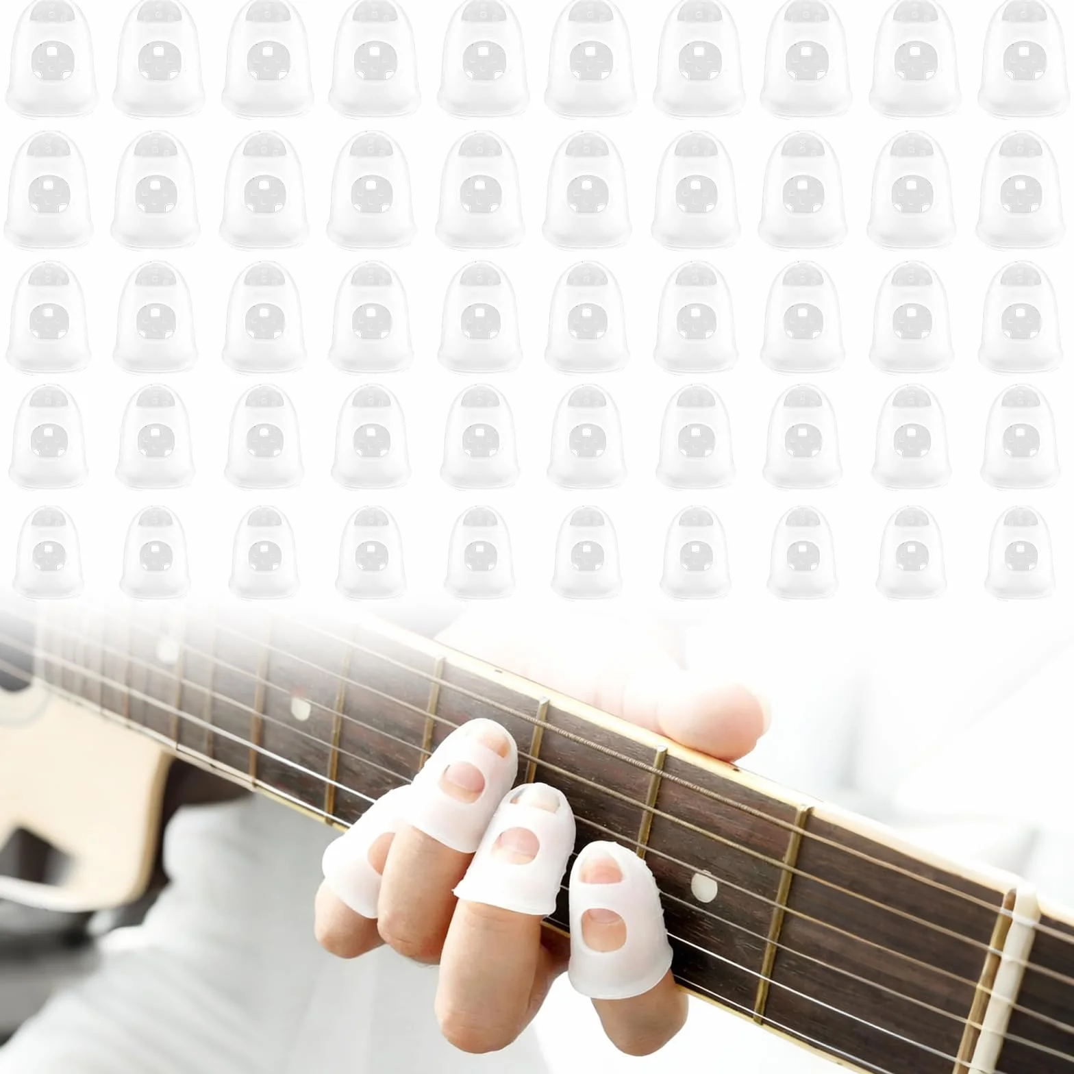 Protege Doigts Silicone 5 Tailles Transparent pour Guitare Ukulele Basse, Capuchons Doigt Respirant Anti Derapant