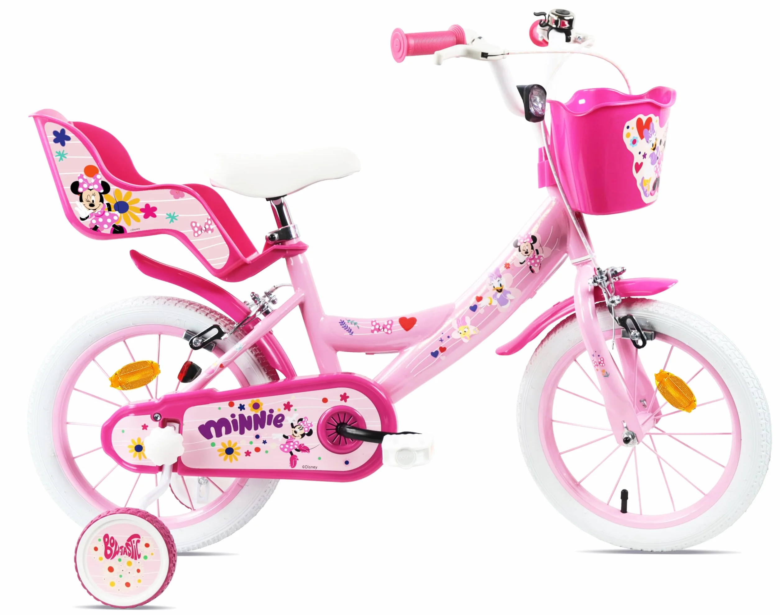 Vélo 14'' Fille Minnie Disney - 2 Freins Caliper - Pneus Gonflables - Panier Avant - Porte-poupée - Garde-Boue - Stabilisateurs, Rose