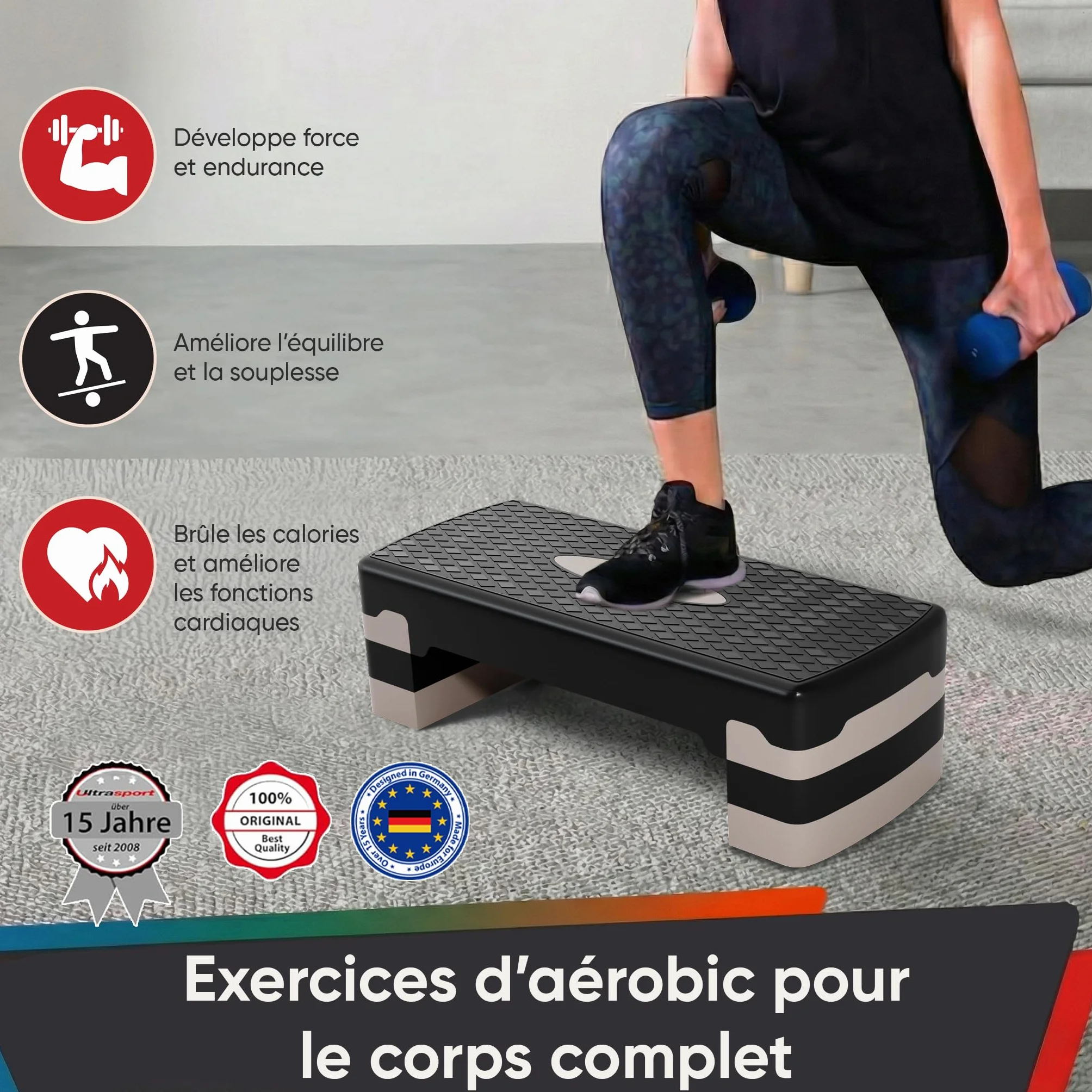 Ultrasport Step Aérobic Antidérapant 3 Niveaux Stepper Fitness 68 x 28 cm Gris