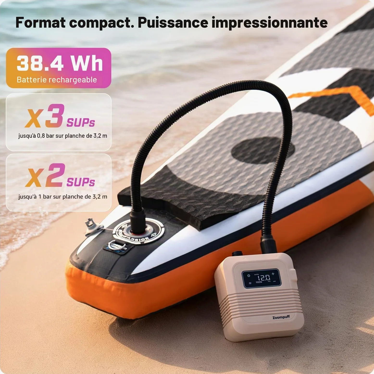 Pompe Sup électrique, Sup Rechargeable 20 PSI, gonflage Rapide | 5 min à 12 PSI, 1,14 kg légère, Batterie 38,48Wh, Gonflage/dégonflage double étage, 7 embouts, SUP, bateaux, kayaks