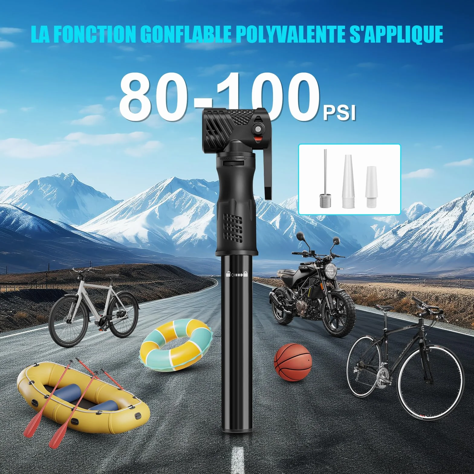 Pompe a Velo Avec Manometre, Mini Pompe à Main 100Psi, Portable Gonfleur Velo Double Soupape