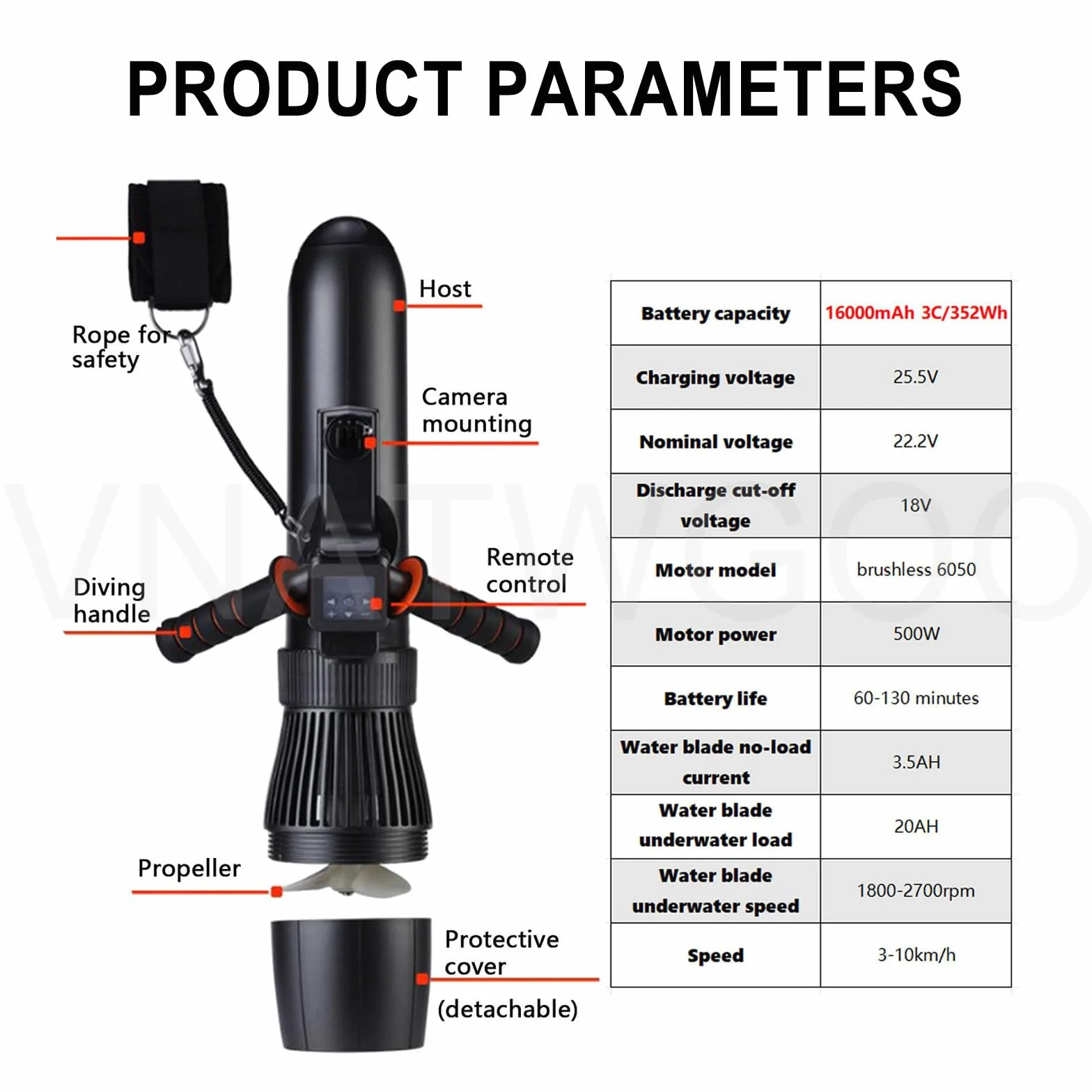 Scooter de Plongée sous-Marin Moteur sans Balais 500W 16000mAh