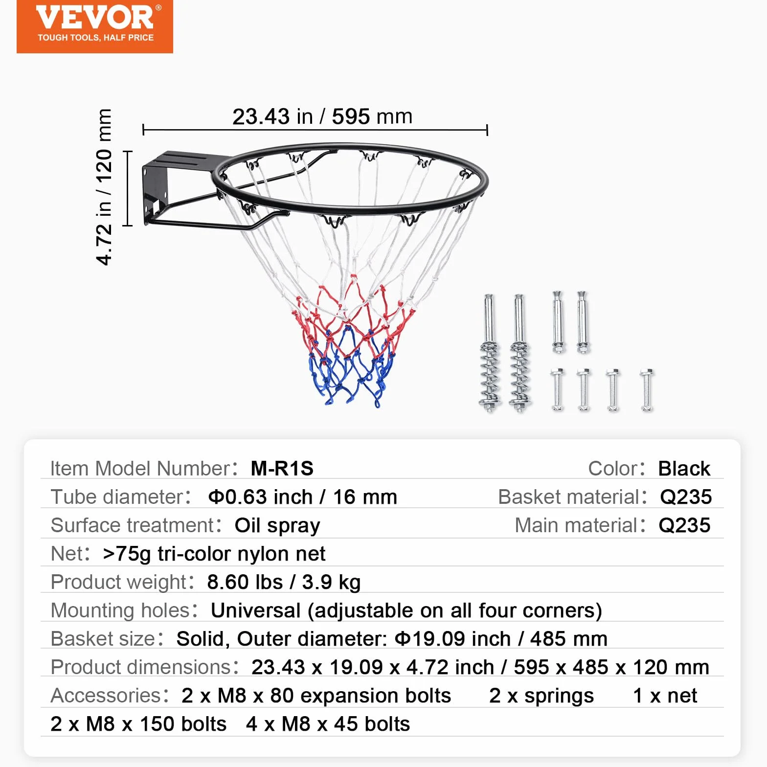 VEVOR Panier de Basket Diamètre 485 mm Cerceau Acier Carbone Filet But Mural Remplacement Entraînement Extérieur Intérieur