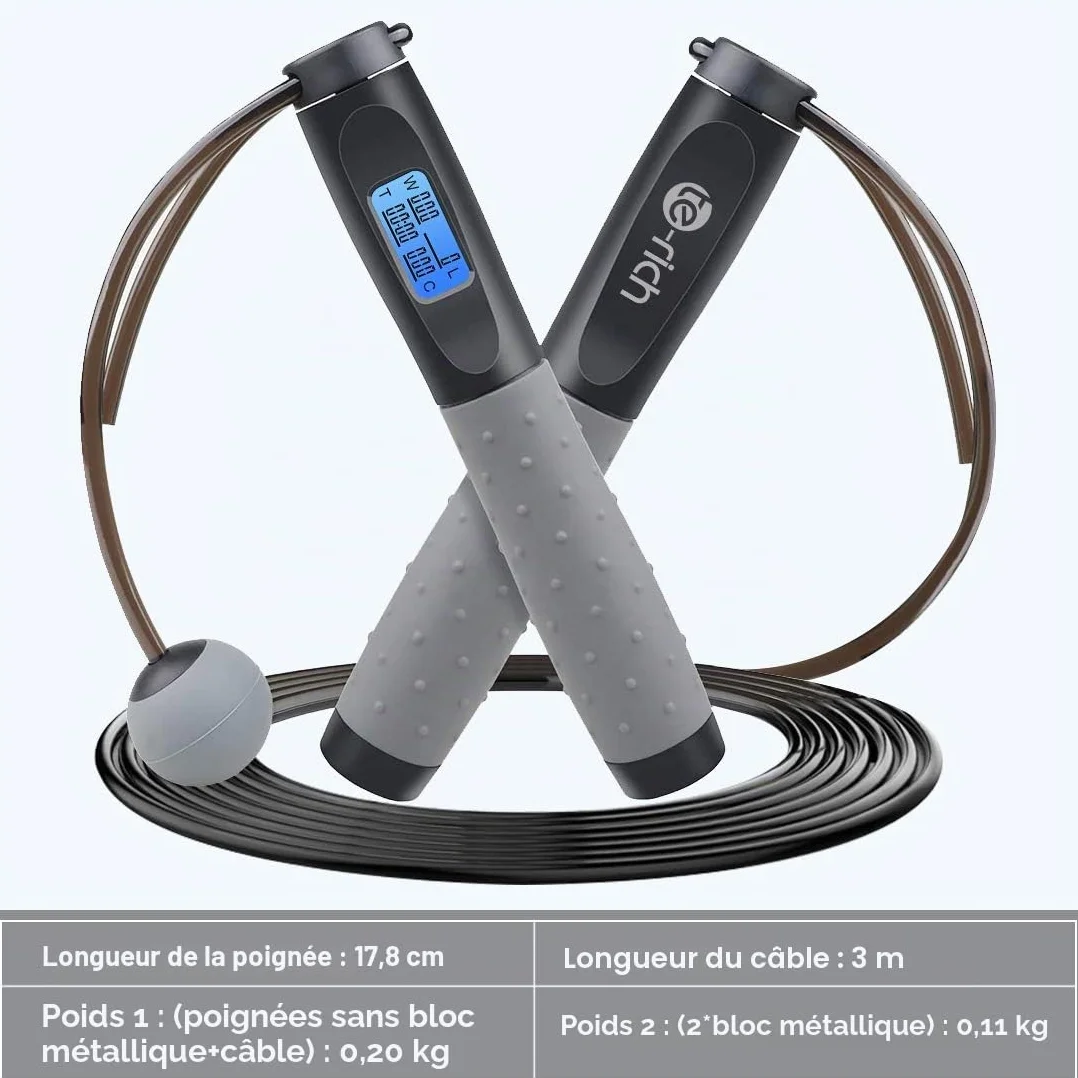 Te-Rich Corde à Sauter Sport Sans Fil avec Compteur, 3M Réglable Roulements à Billes Acier Poignées Antidérapantes