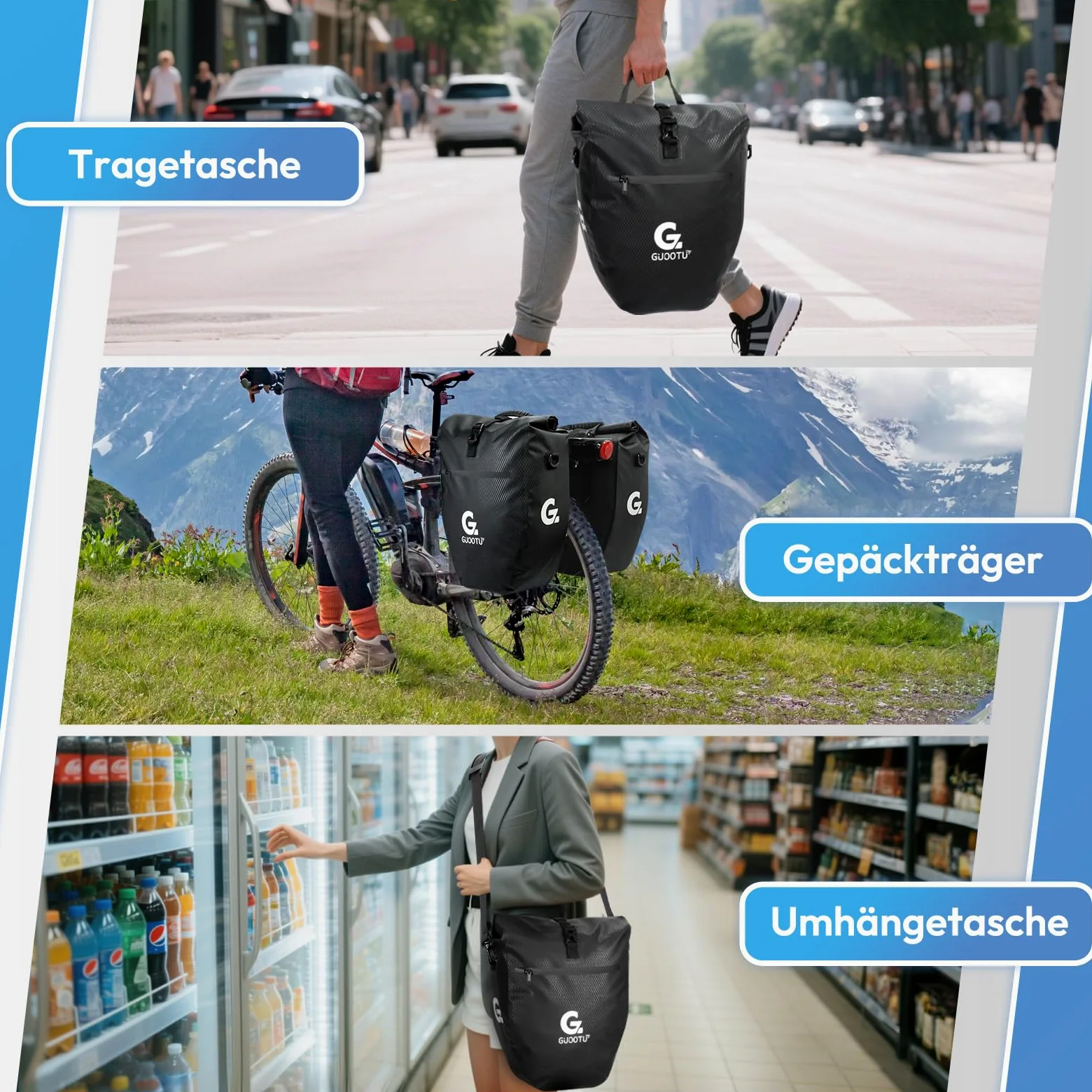 GUOOTU Lot de 2 sacoches de vélo pour porte-bagages de 56 l, avec poignée de transport et bandoulière - Sacoche de vélo avec réflecteurs (noir 28 l)