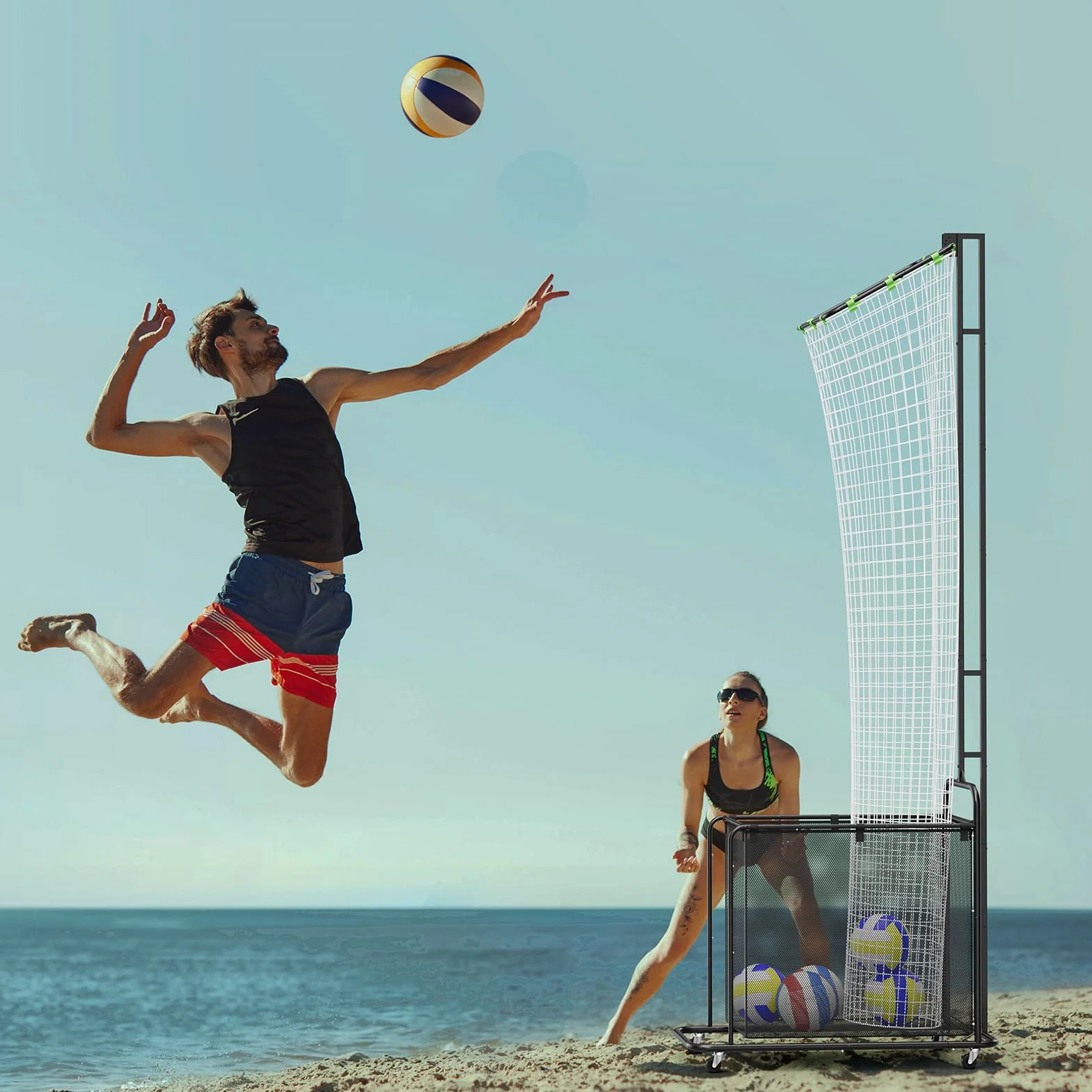 Filet d'Entraînement de Passeur Volley-Ball avec Roues – Système Réglable en Hauteur (1,75m-2,85m) et Angle