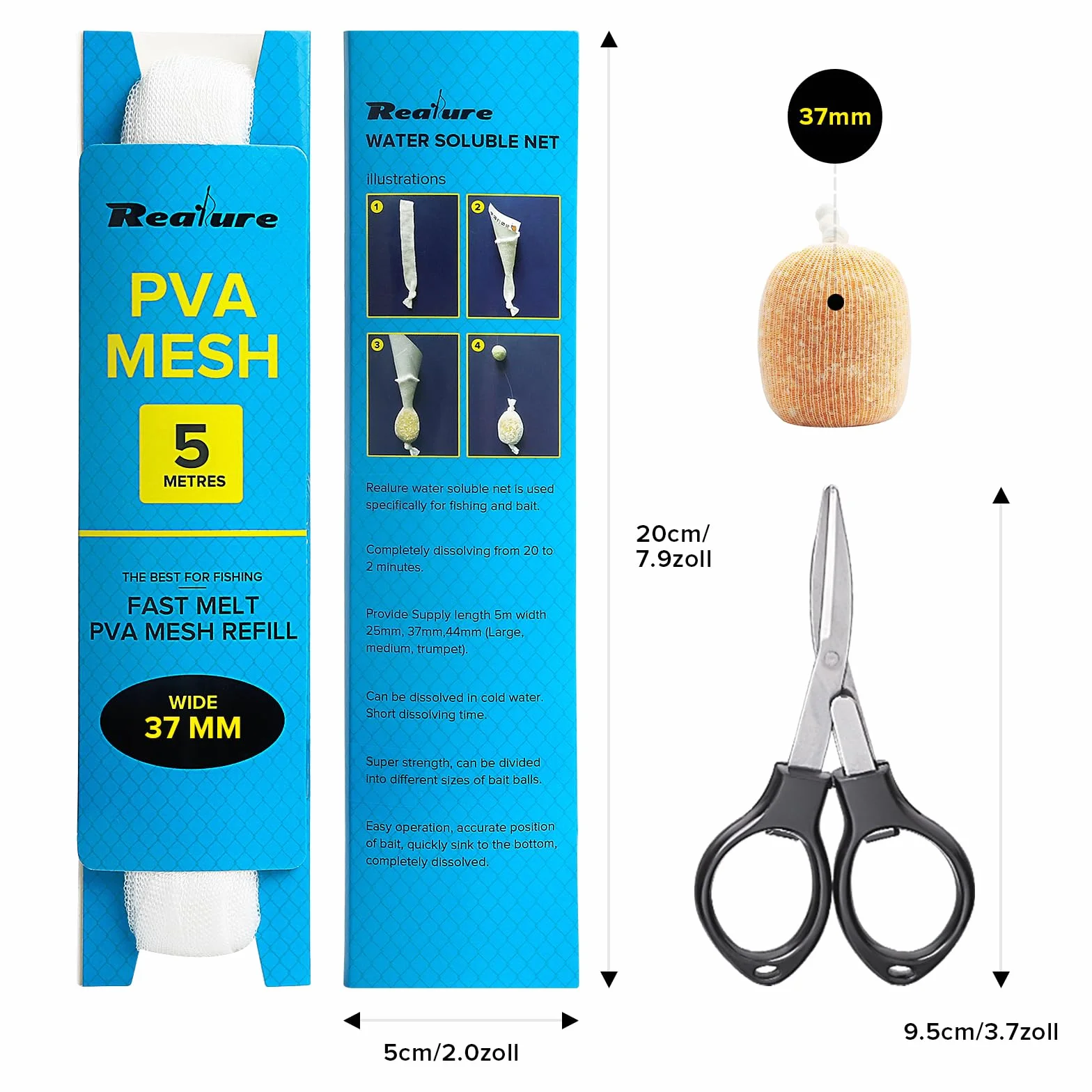 Realure Lot de 3 filets de pêche en PVA de 5 m - 25 mm/37 mm/44 mm de large - En maille PVA - Accessoires de pêche à la carpe - Avec ciseaux - Fondant rapidement - Sacs de pêche en PVA - Pour appâts