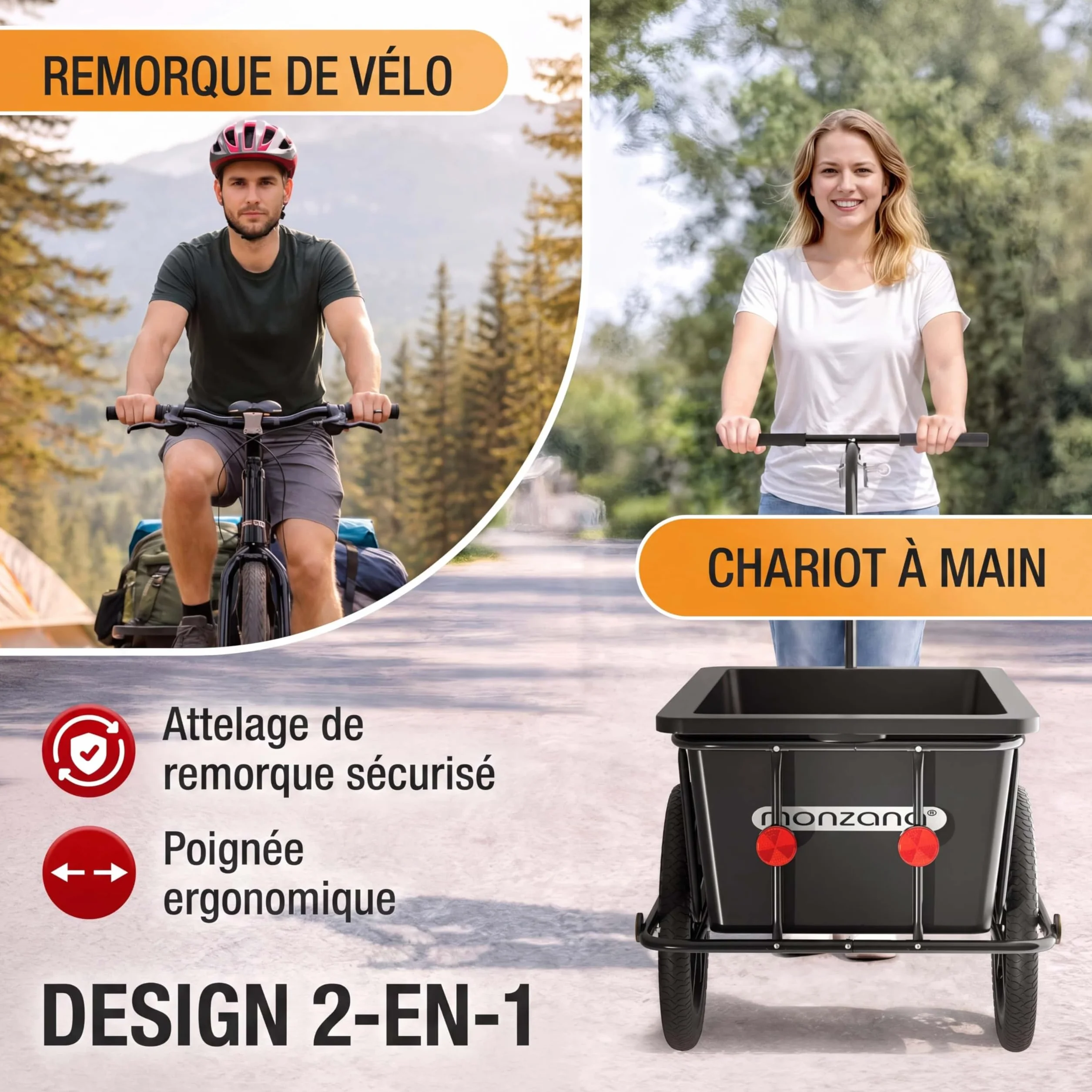 MONZANA Remorque Vélo Cuve 90L Amovible Bâche Barre Attelage Rotatif Réflecteurs Transport Chariot 80kg