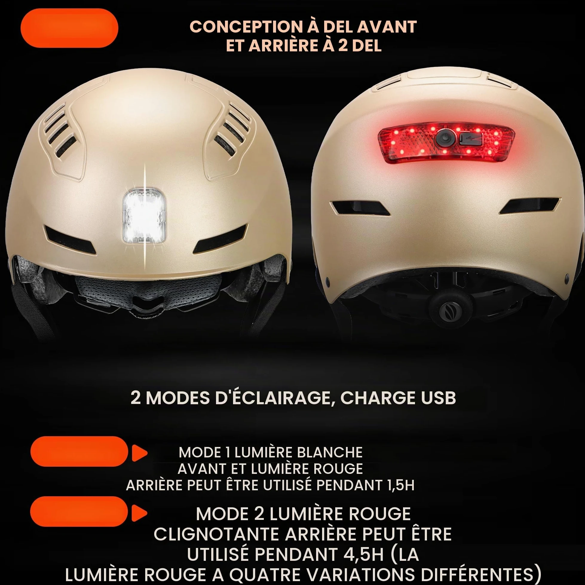 DKONI Casque de vélo avec lumières LED - Casque de vélo rechargeable par USB - Avec lumière LED avant et arrière - Pour homme et femme