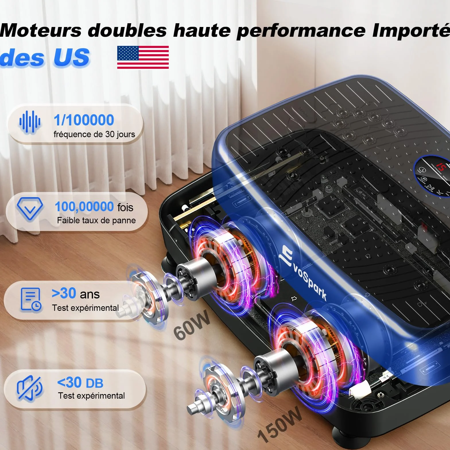Plateforme Vibrante EvoSpark Double Moteur Haute Performance 120 Vitesses 450 LB