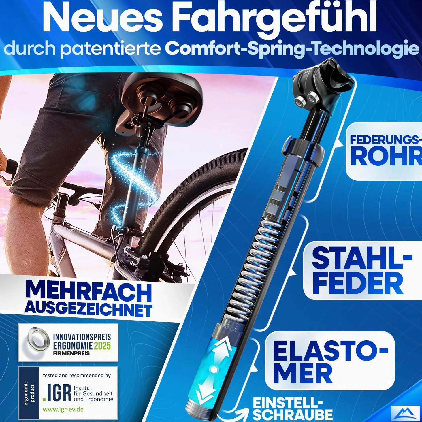 NEXTCOVER® Tige de selle à ressort – L'original – Avec 27,2/30,9/31,6 mm de diamètre et technologie [Comfort Spring] I tige de selle à ressort, tige de selle à ressort, suspension de selle